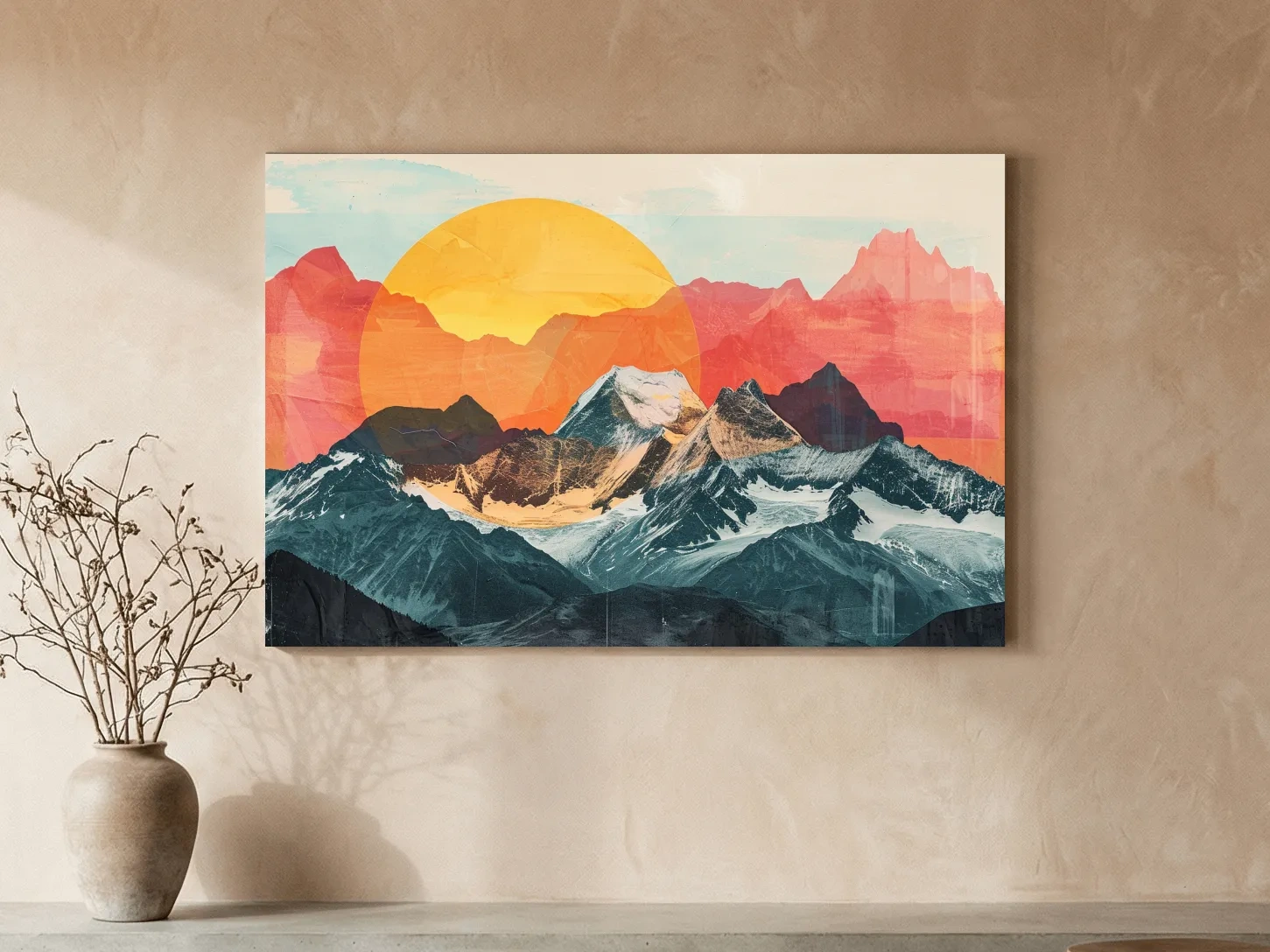 Abstract Alpine Mountains With Golden Sun - Modern Collage Landscape Artwork