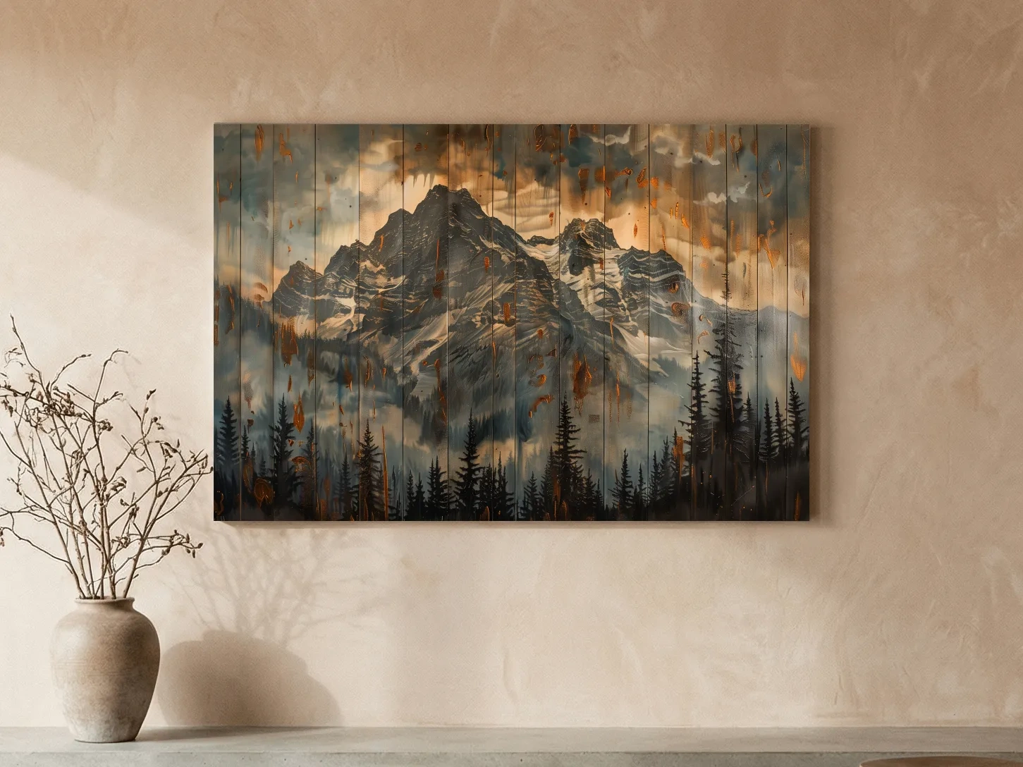 Rustic Mountain Range Painting - Alpine Forest Wood Panel Wall Art