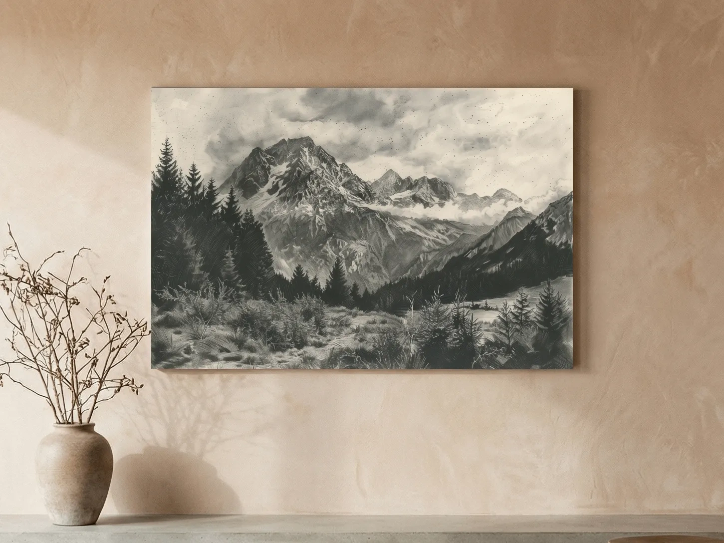 Monochrome Alpine Meadows Mountain Range - Vintage Sketch Landscape Wall Art