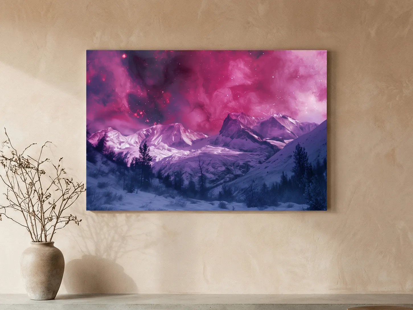Surreal Nebula Galaxy Alpine Glacier Landscape - Cosmic Winter Night Sky Wall Art