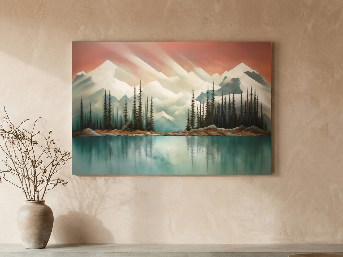 Abstract Alpine Lake Landscape Painting - Serene Pine Forest Mountain Wall Art
