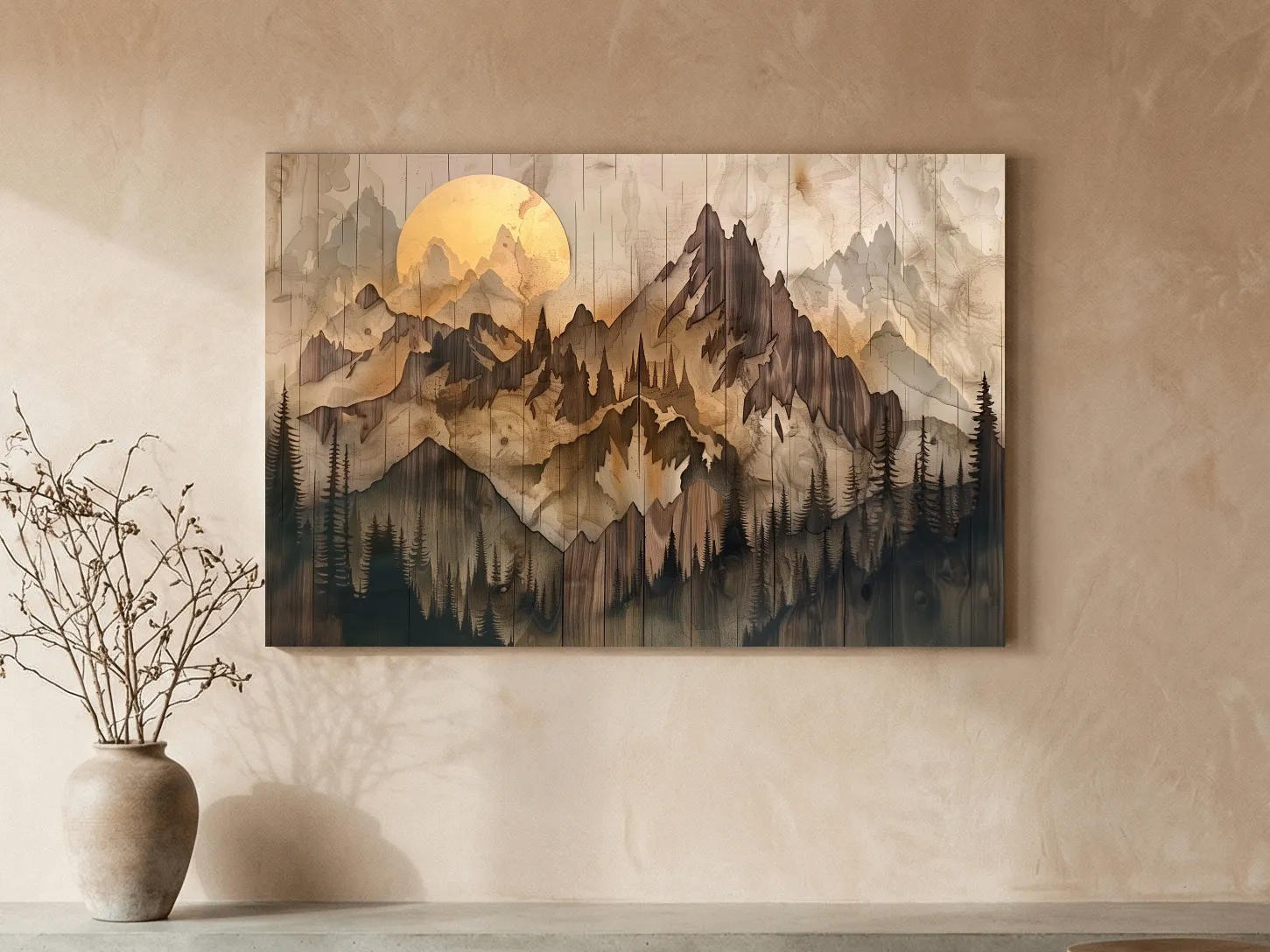 Rustic Sepia Mountain Sunrise Landscape - Vintage Wood Grain Watercolor Artwork