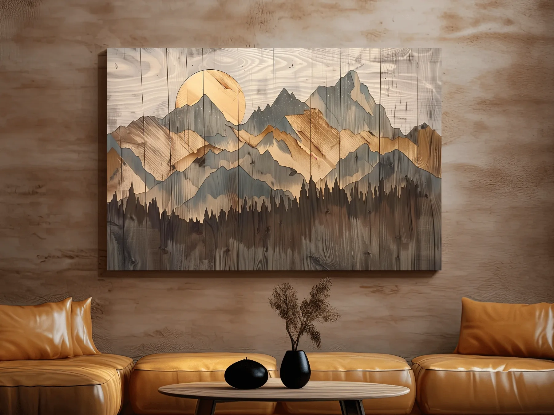 Rustic Mountain Range Sunrise - Woodgrain Style Forest Wall Art