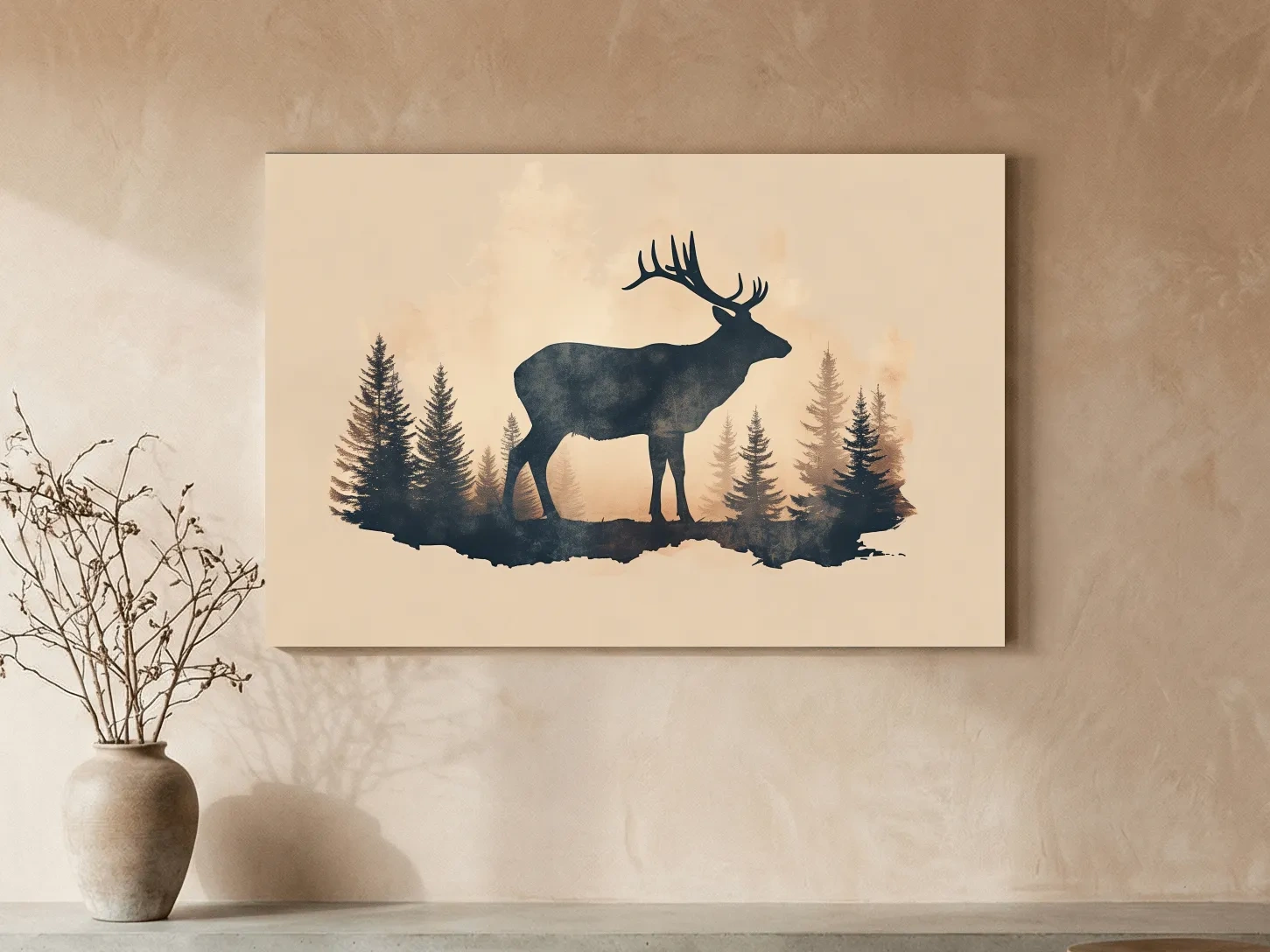 Vintage Sepia Deer Silhouette In Pine Forest - Rustic Woodland Artwork