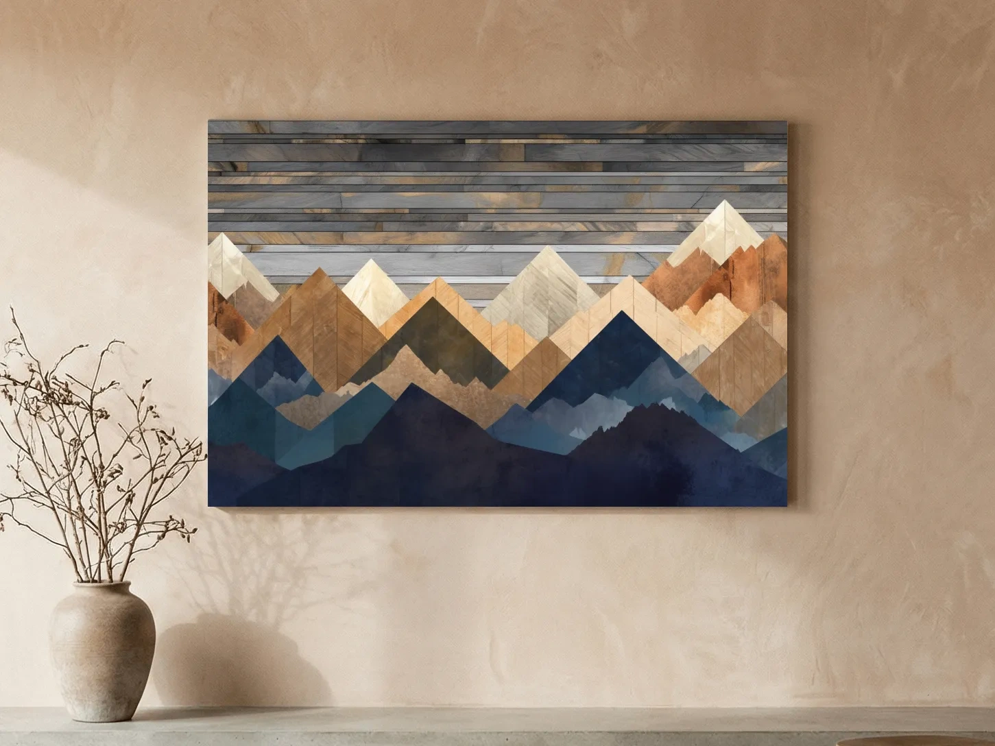 Geometric Layered Mountain Peaks - Rustic Wood Texture Abstract Wall Art