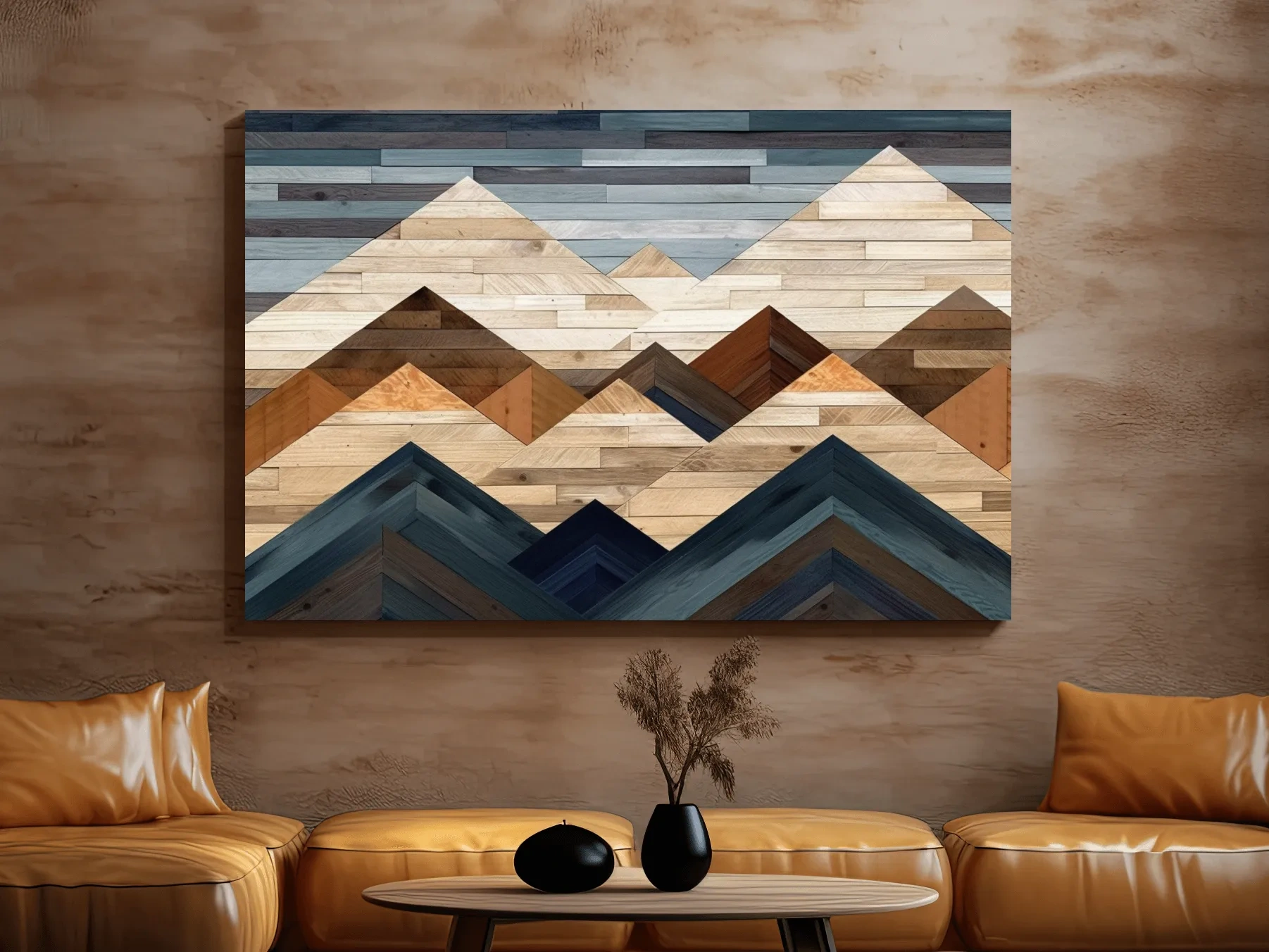 Geometric Reclaimed Wood Mountain Peaks - Modern Rustic Landscape Artwork