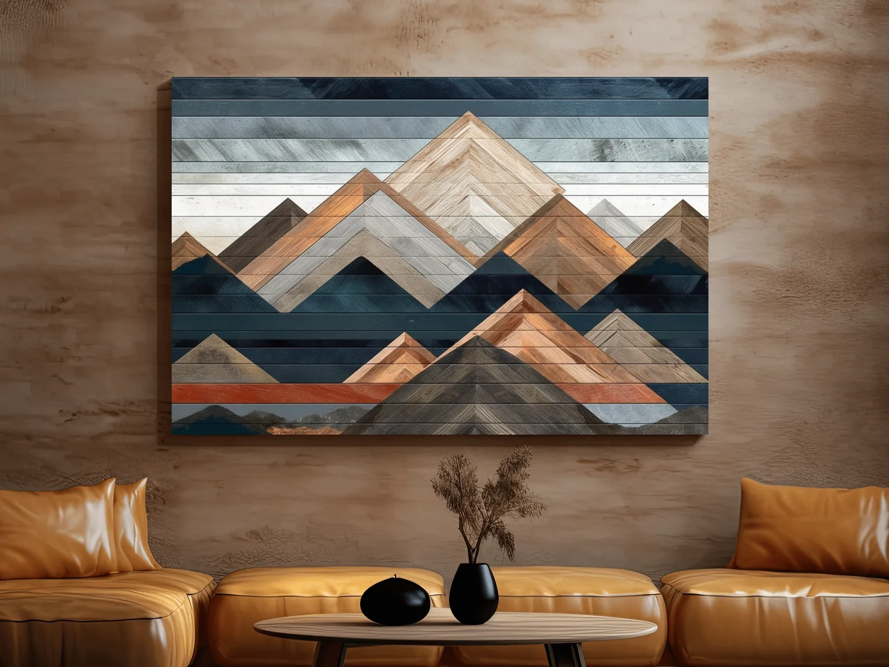 Geometric Woodgrain Mountain Peaks - Modern Abstract Landscape Wall Art