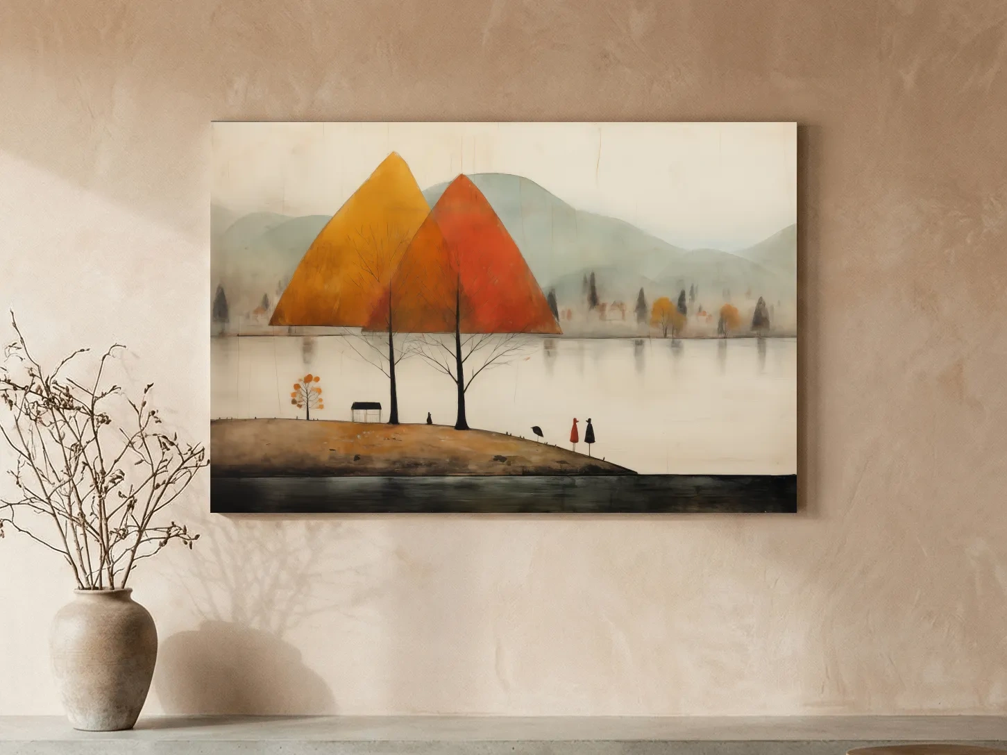 Autumn Mountains Over Misty Lakeside - Quirky Landscape Artwork