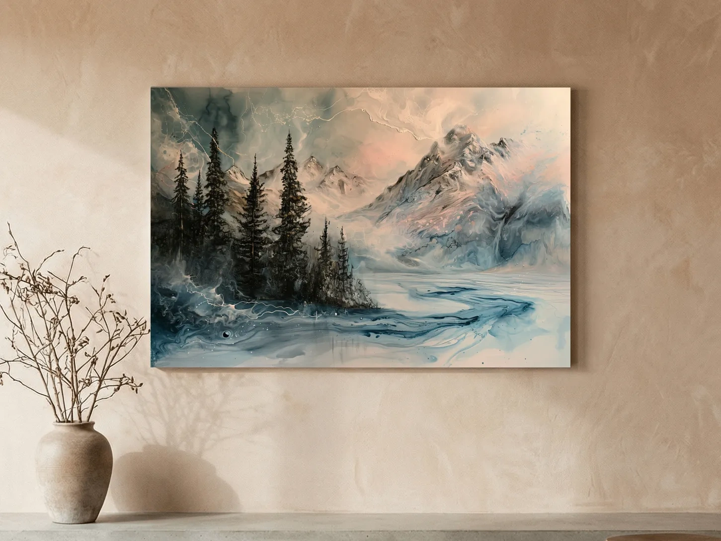 Ethereal Mountain Lake Alpine Forest - Moody Abstract Alcohol Ink Wall Art