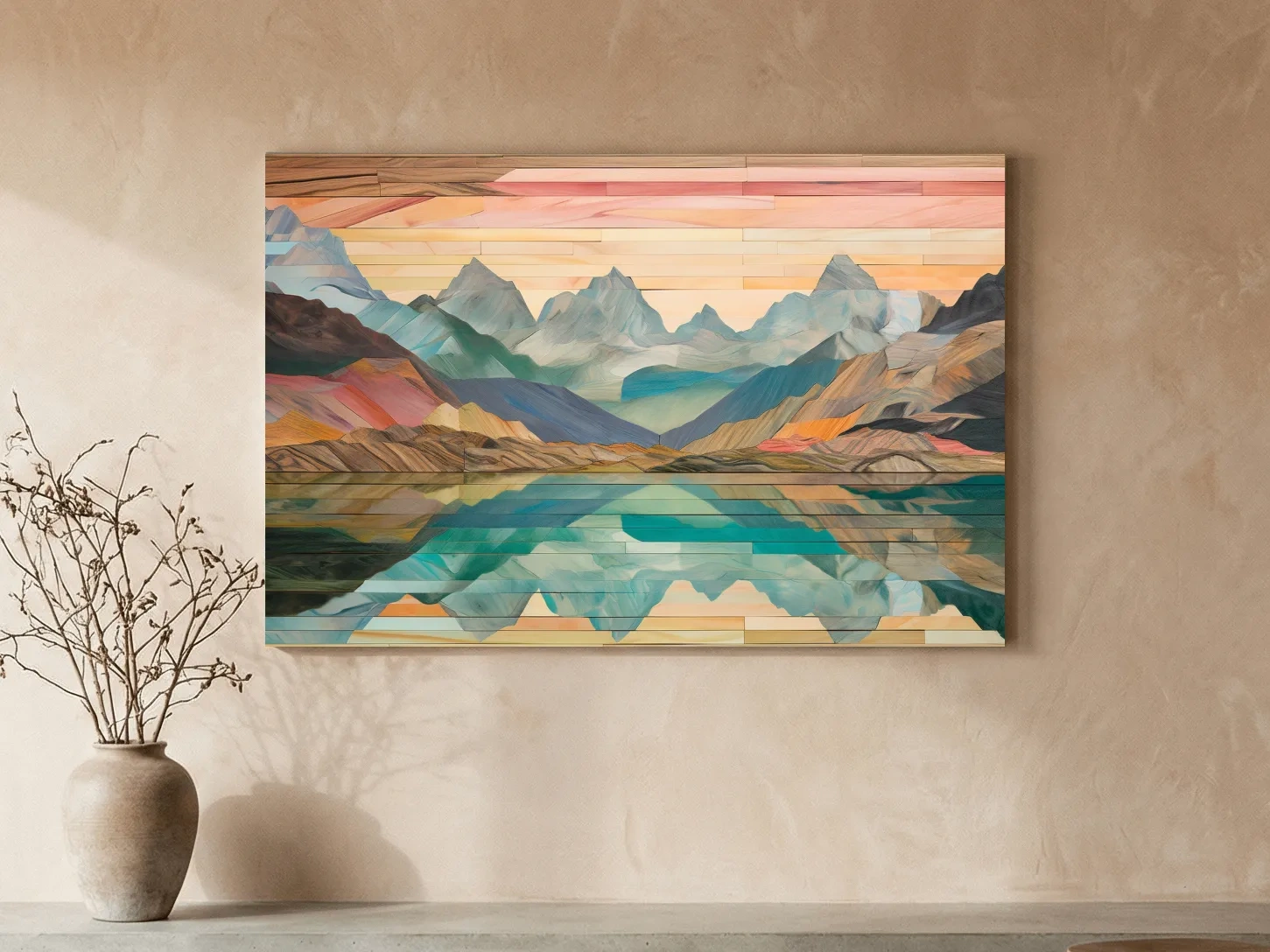 Alpine Lake Mountain Reflection - Layered Wooden Style Landscape Wall Art