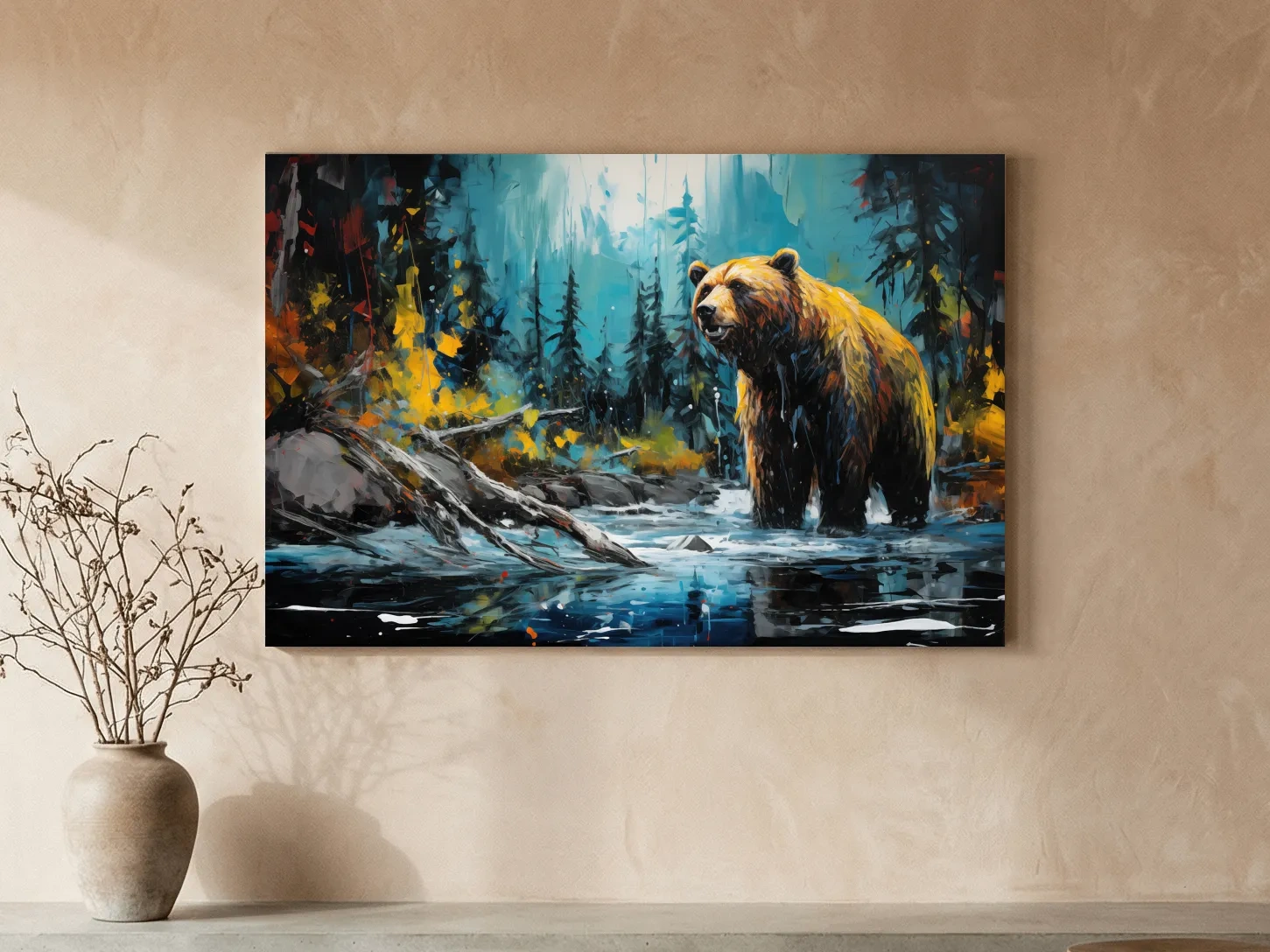Grizzly Bear Forest River Painting - Vibrant Wildlife Nature Wall Art