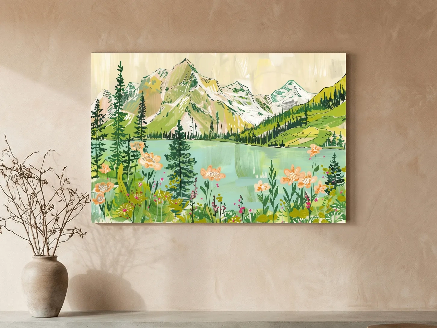 Whimsical Alpine Lake Wildflower Stylized Painting - Mountain Meadows Wall Art