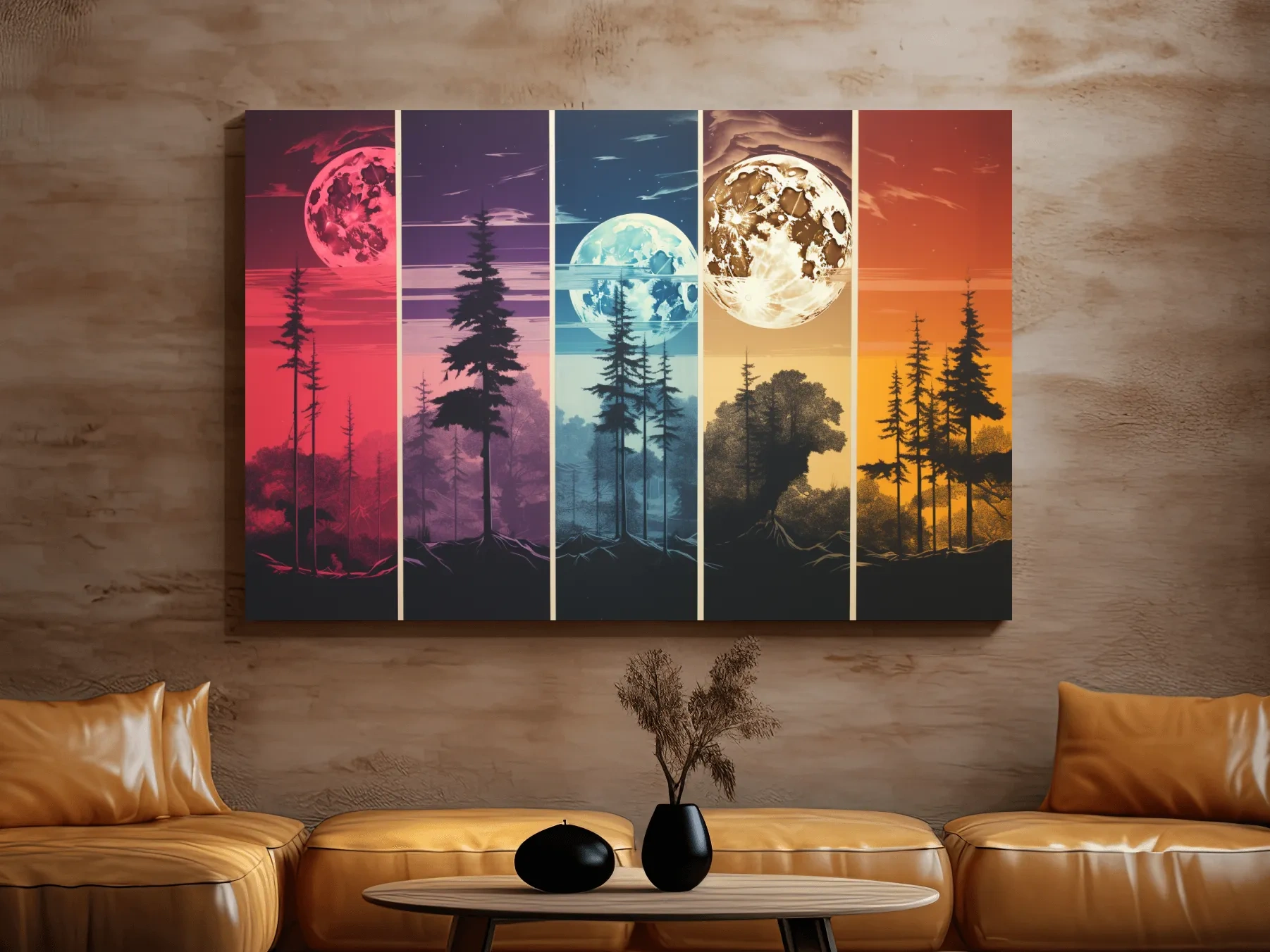 Multipanel colorful treeline under the moonlit sky, risograph style artwork