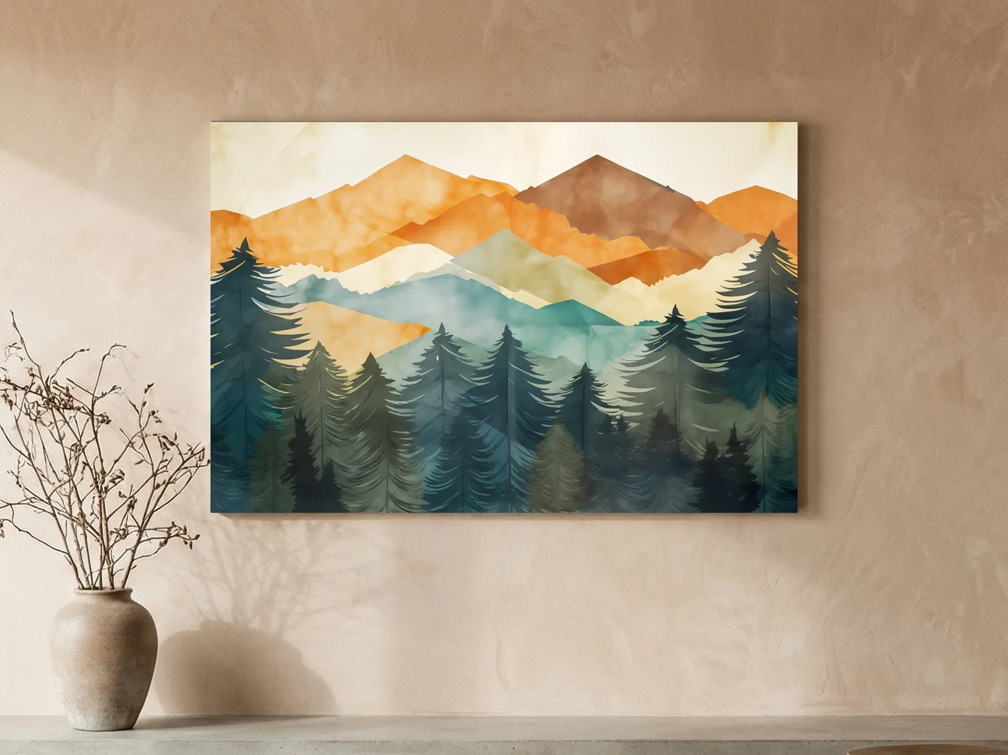Serene Landscape Painting - Abstract Watercolour Forest & Mountains