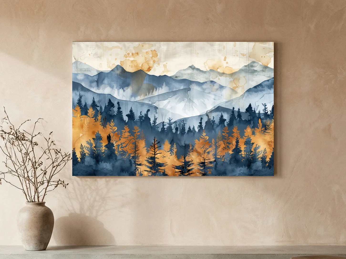 Watercolor Mountain Forest Landscape - Abstract Golden Autumn Pines Wall Art