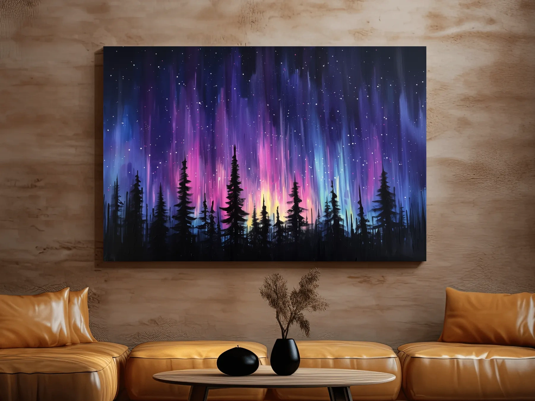 Vibrant Purple Northern Lights & Silhouetted Pine Forest - Aurora Borealis Painting Wall Art