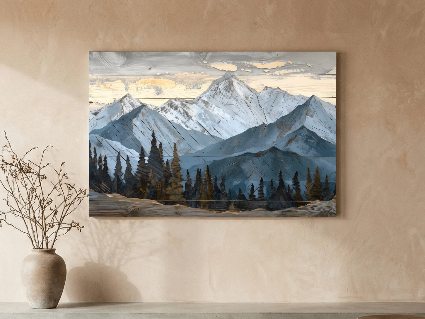 Alpine Forest Mountain Range Artwork - Rustic Woodgrain Landscape Wall Art