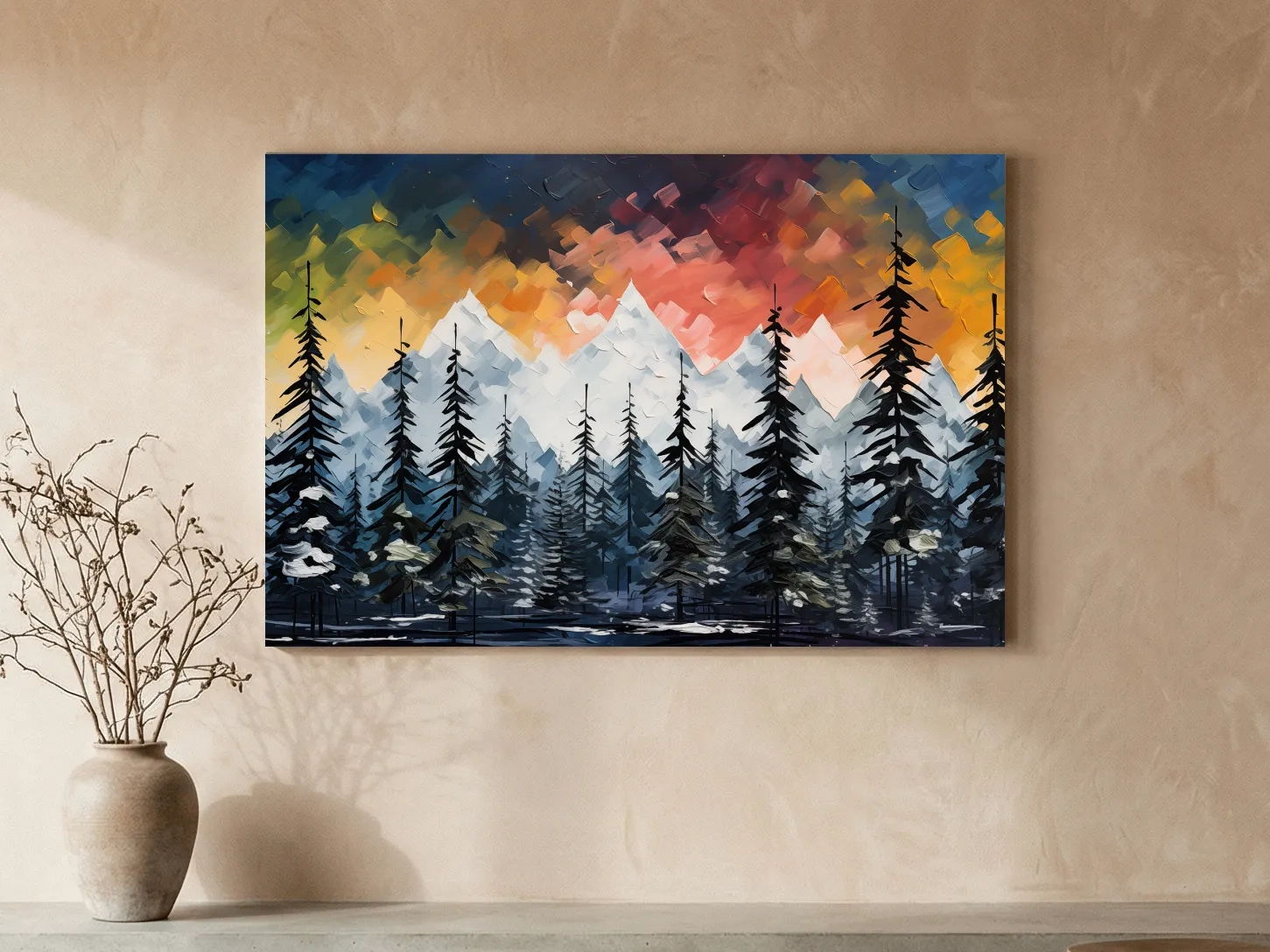 Moody Alpine Mountain Sunset With Pine Forest - Palette Knife Painting Style Landscape Art