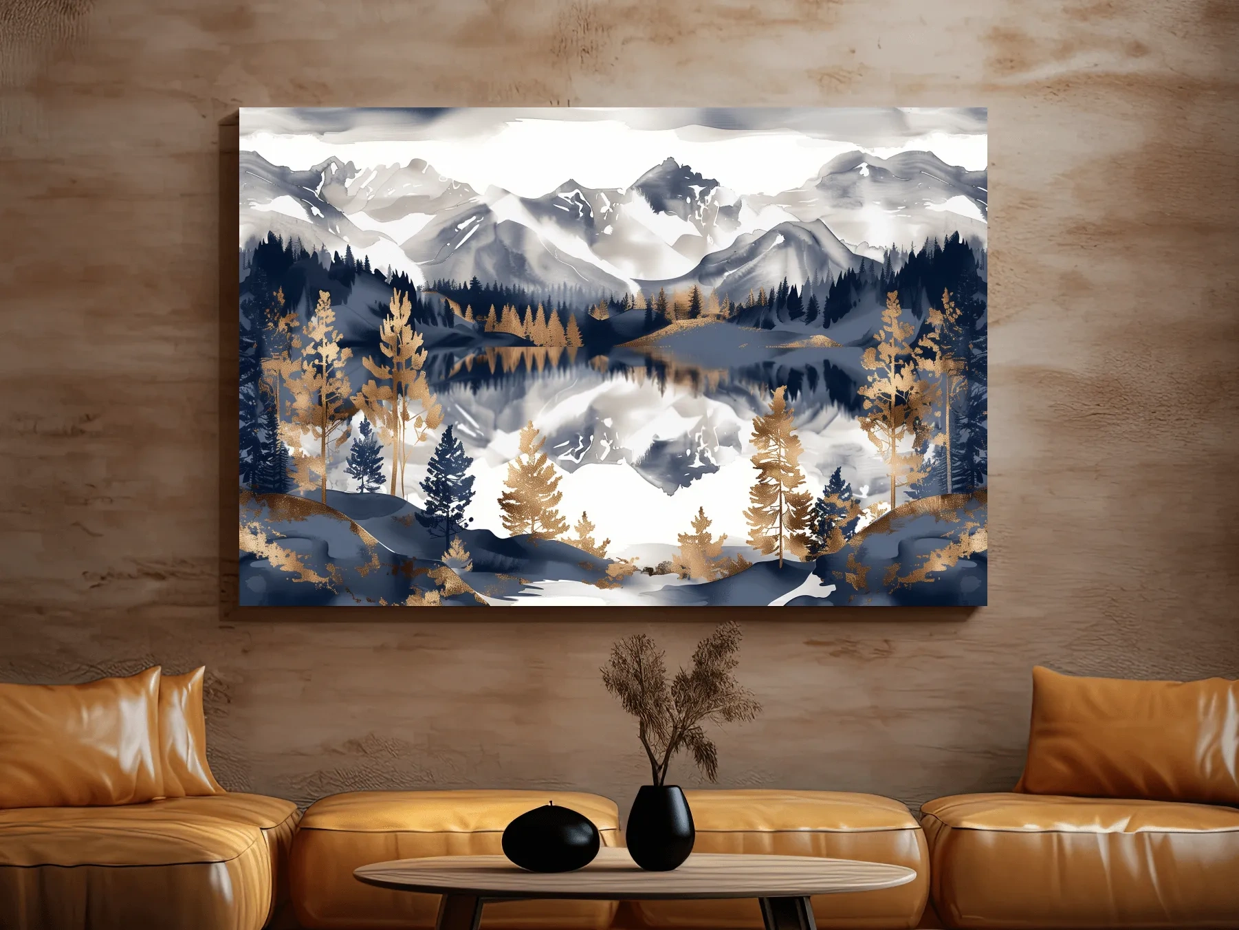 Gold Leaf Style Watercolor Alpine Lake Reflection - Mountain Landscape Artwork