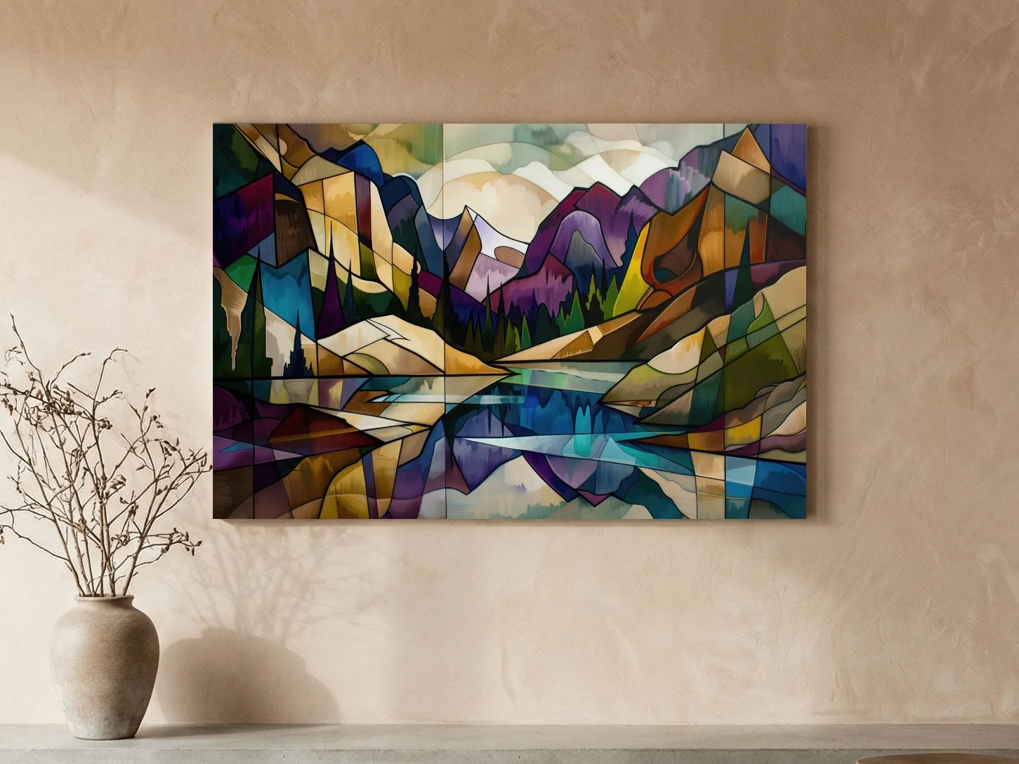 Abstract Stained Glass Mountain Lake Landscape - Colorful Geometric Alpine Wall Art