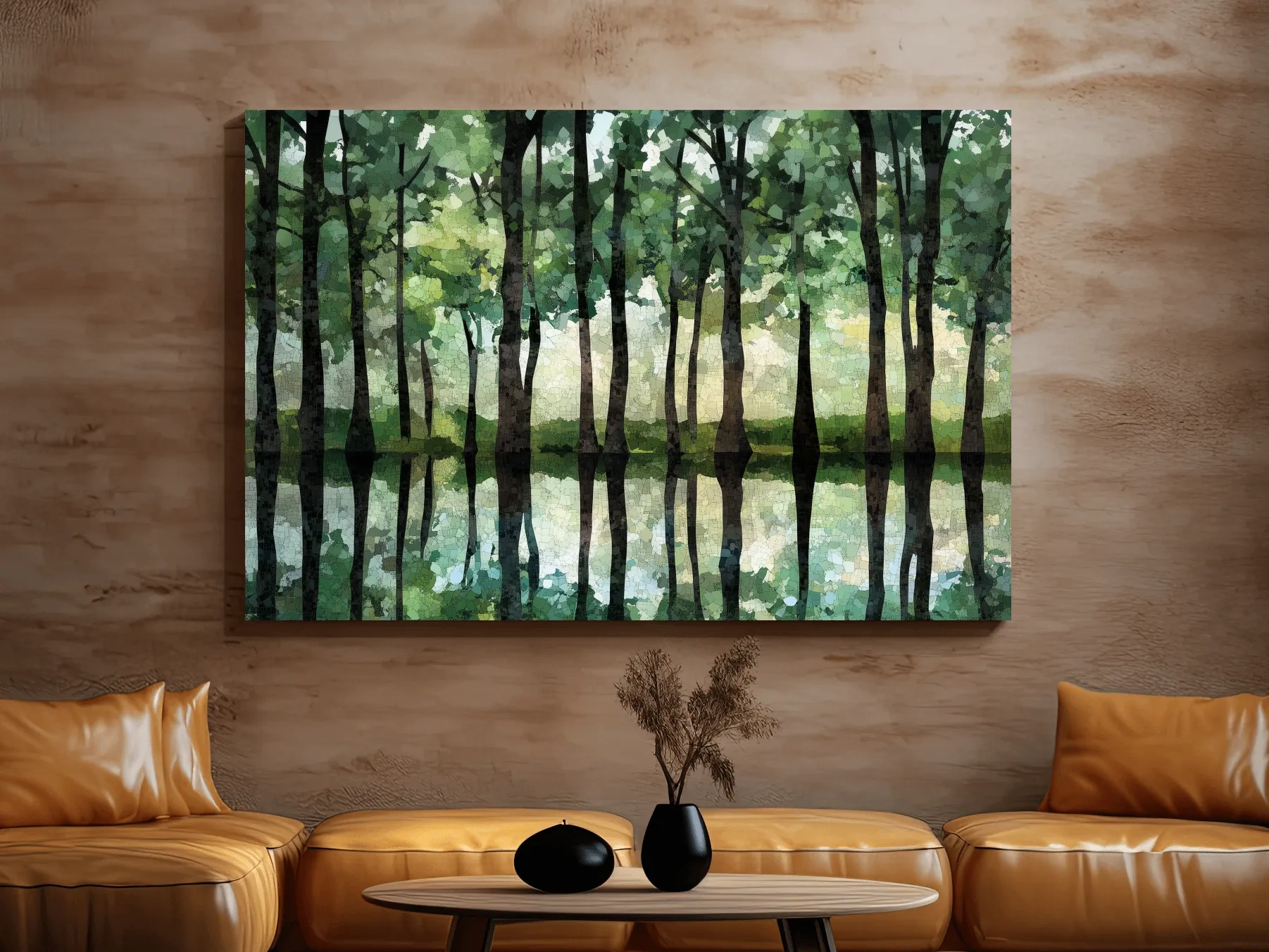 Mosaic Watercolor Forest Lake Reflection - Serene Nature Landscape Wall Art