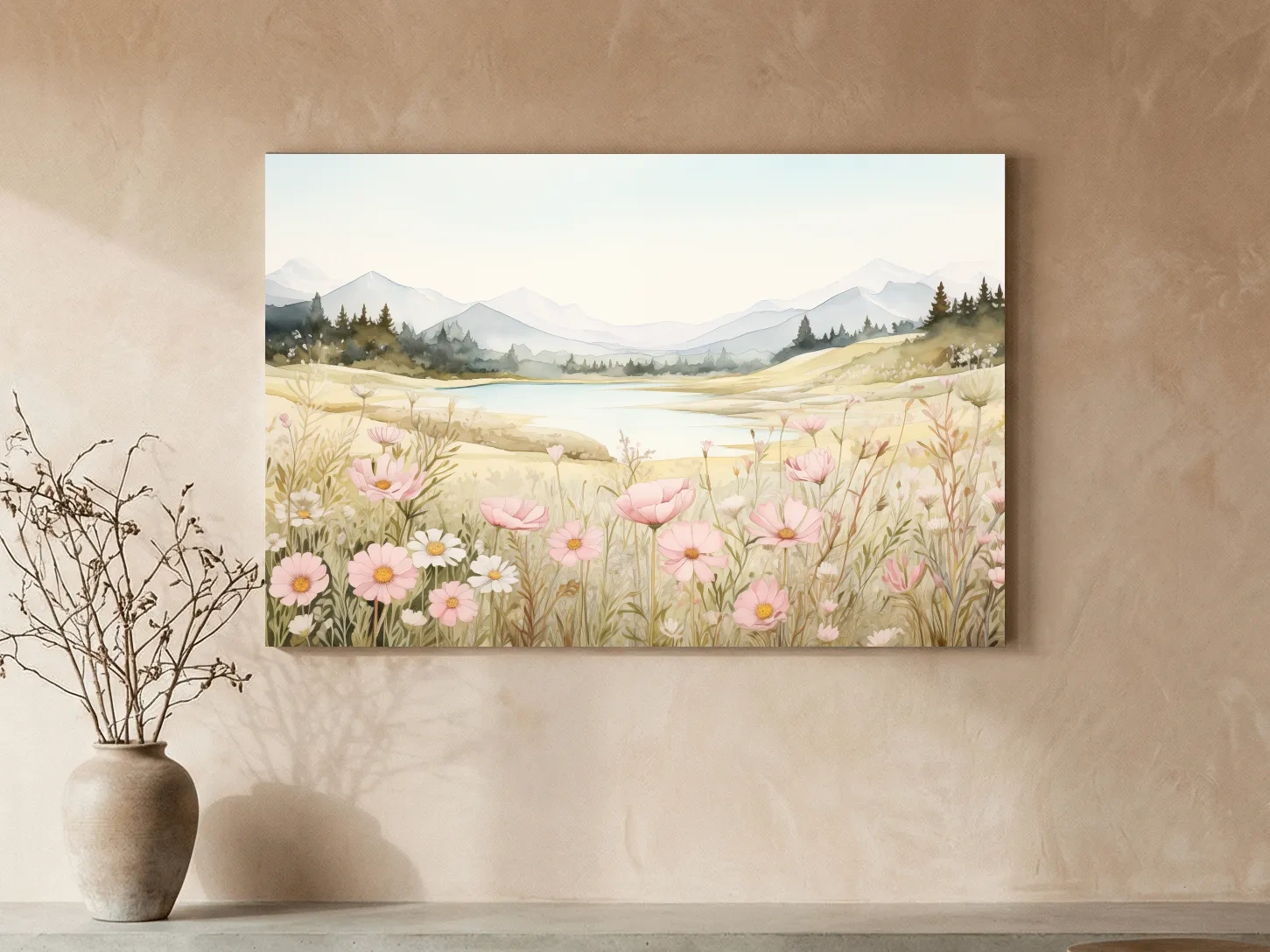 Soft Watercolor Wildflower Meadow Landscape - Serene Pastel Alpine Wall Art