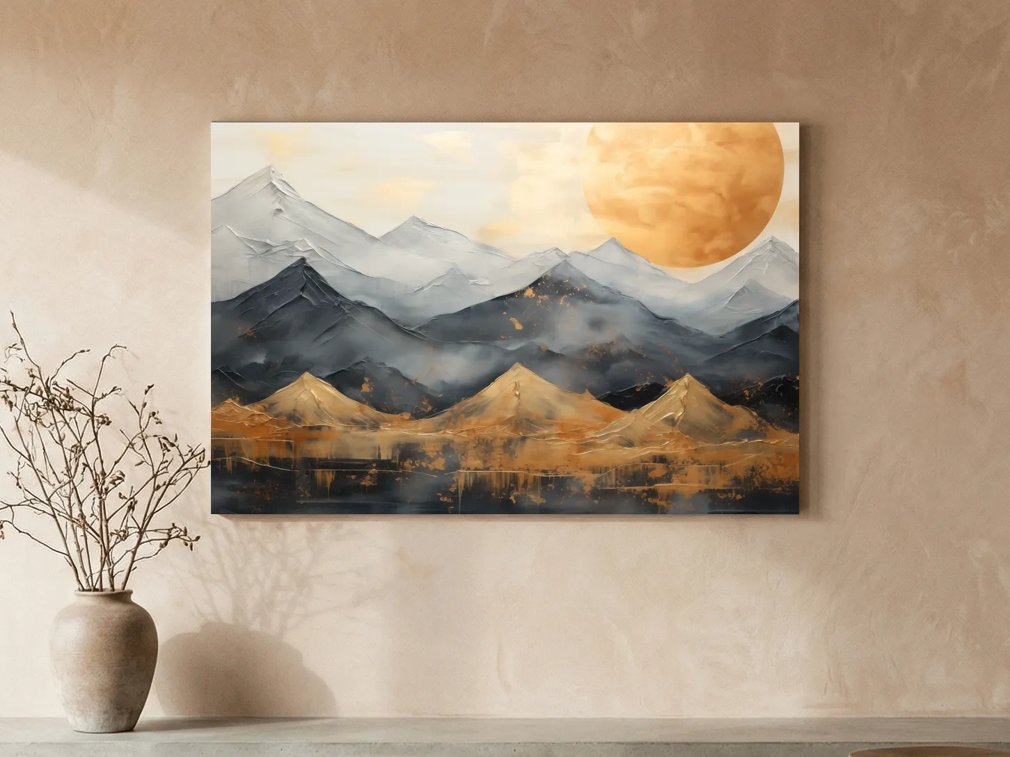 Gold Leaf Style Abstract Mountain Range Sunset - Modern Landscape Wall Art