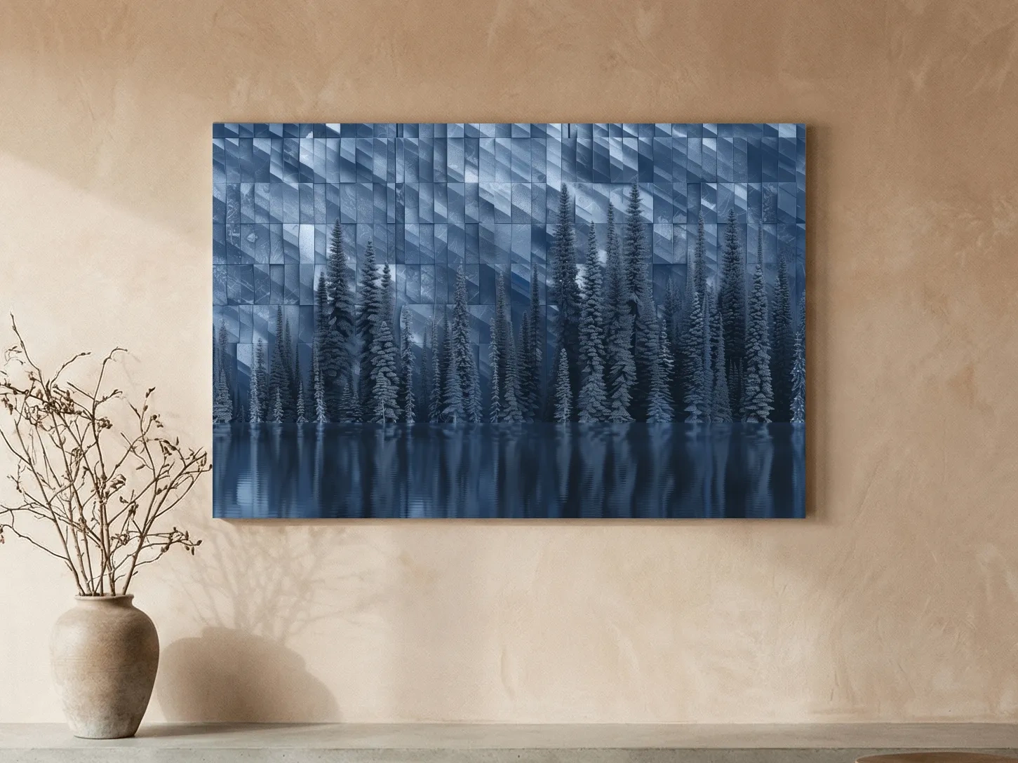 Geometric Digital Alpine Lake Artwork - Abstract Winter Landscape Wall Art
