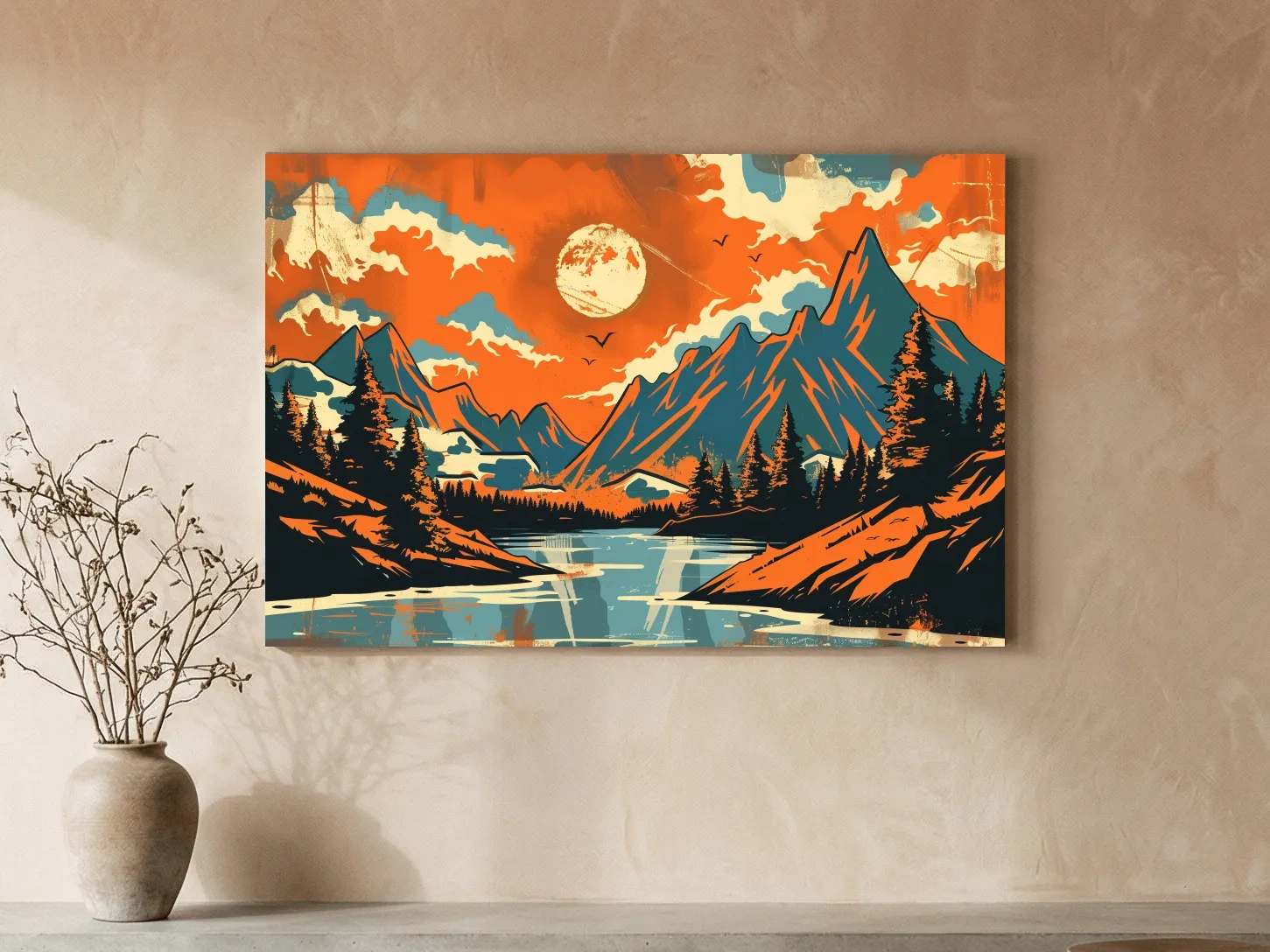 Vibrant Retro Mountain Lake Sunset Illustration - Bold Vector Landscape Wall Art