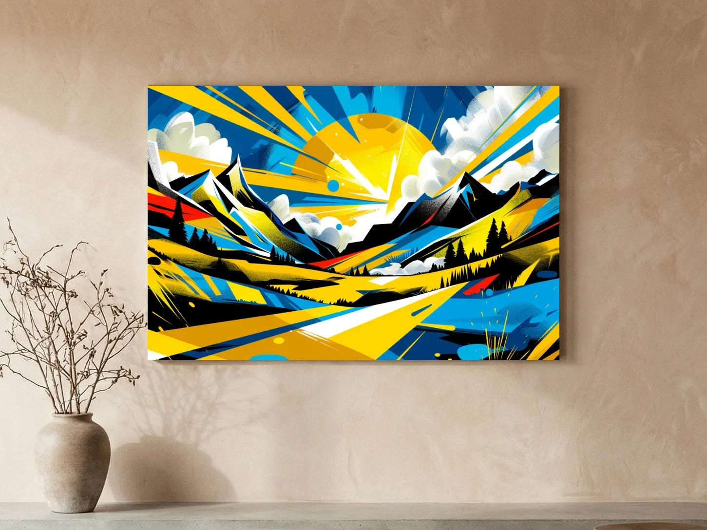 Vibrant Geometric Graffiti Mountain Sunset Landscape - Bold Pop Art Style Wall Art