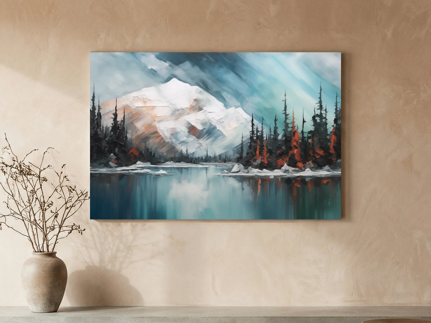 Alpine Glacier Lake Impasto Style Painting - Textured Forest Wall Art