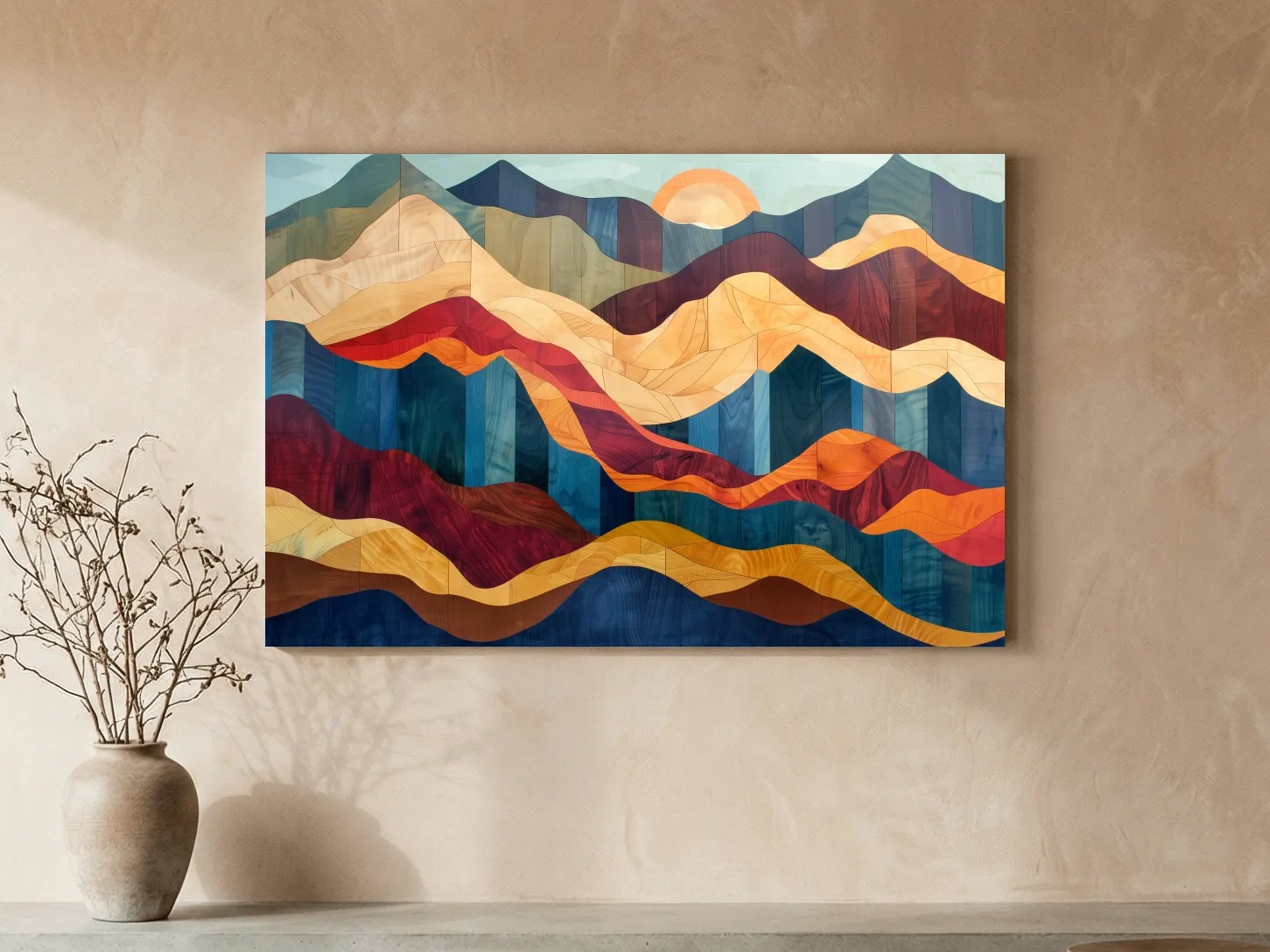 Layered Abstract Mountain Sunset Woodgrain - Mid Century Modern Wall Art
