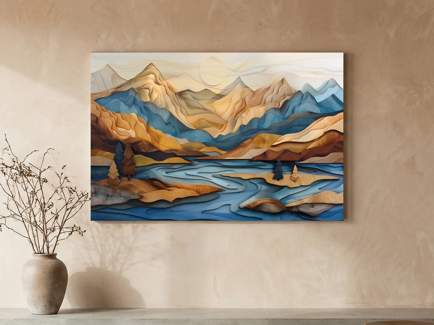 Wood Intarsia Style Alpine Mountain Lake Landscape - Modern Abstract Wall Art