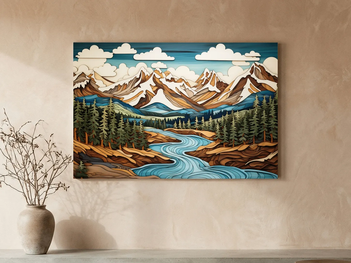 Intarsia Style Mountain River Landscape - Rustic Alpine Forest Artwork