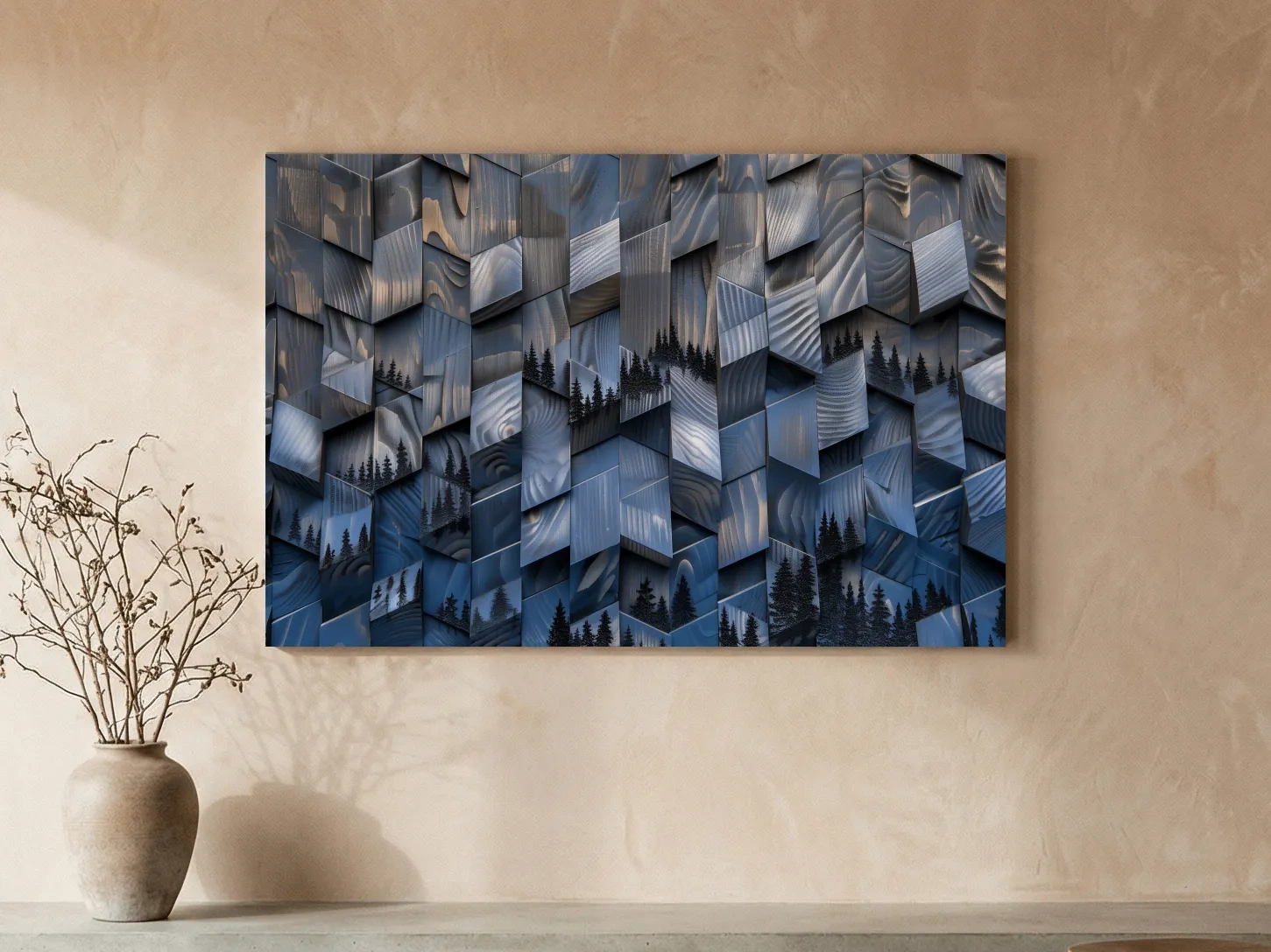 Wood Block Mountain Forest Collage - 3D Effect Abstract Landscape Wall Art