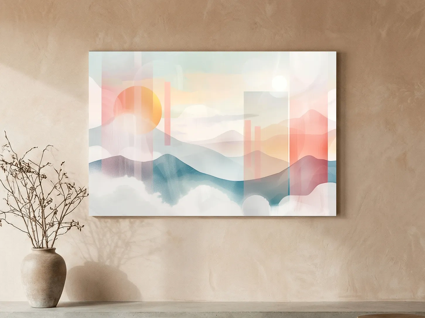 Abstract Pastel Mountain Sunrise Watercolor - Minimalist Geometric Wall Art