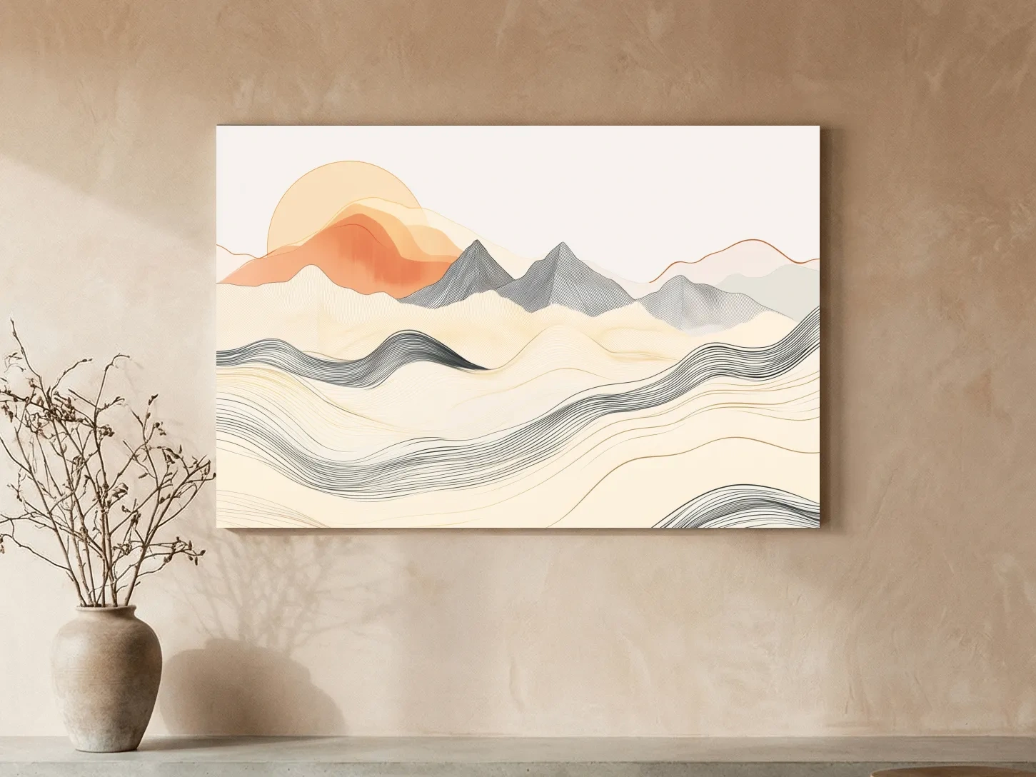 Minimalist Line Art Mountain Sunset - Abstract Landscape Wall Art