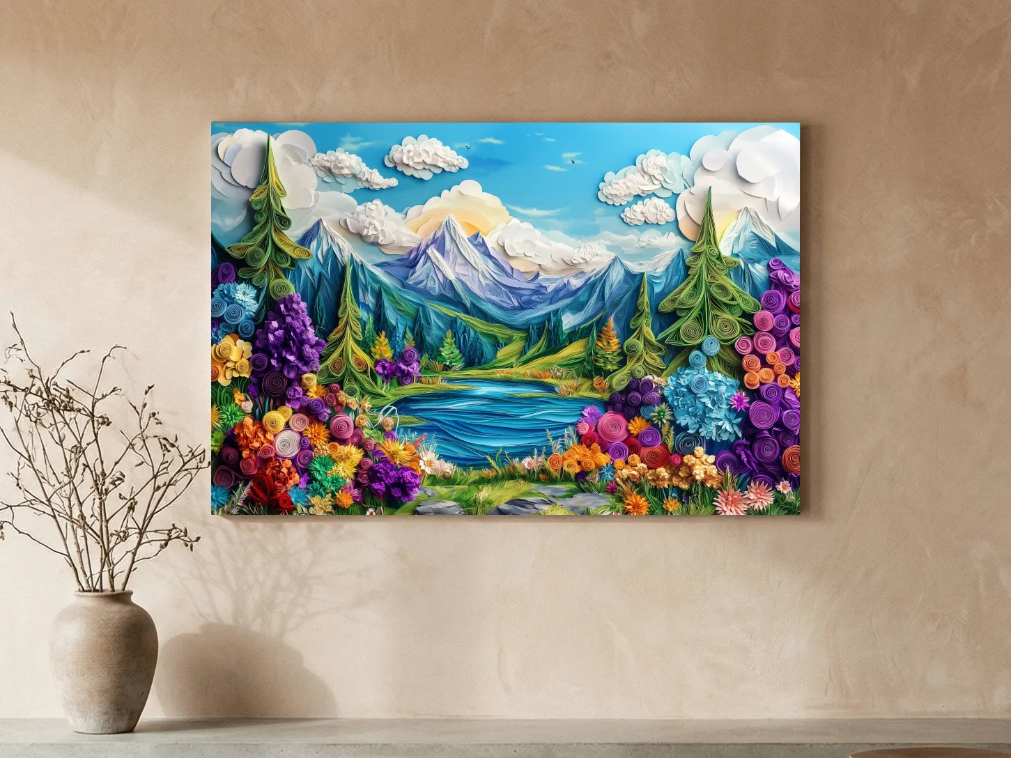 Colorful Paper Quilling Alpine Meadows Landscape - 3D Effect Nature Wall Art