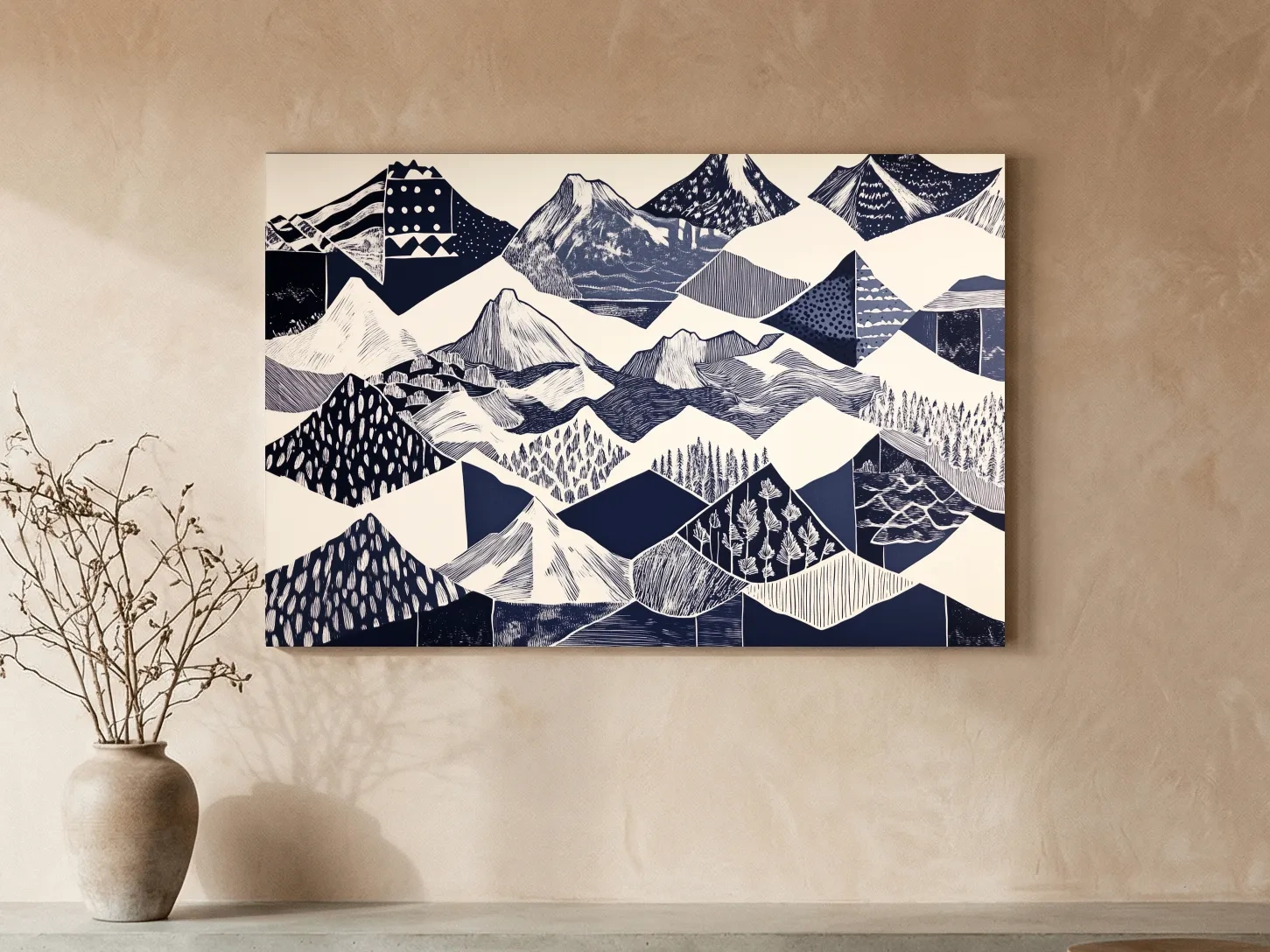 Linocut Patchwork Mountain Range Illustration - Modern Landscape Artwork