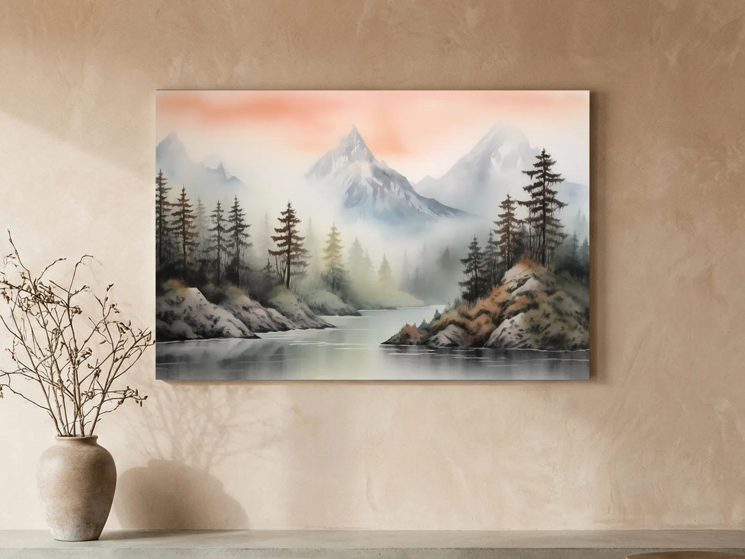 Misty Watercolor Mountain Lake Landscape - Serene Pine Forest Wall Art