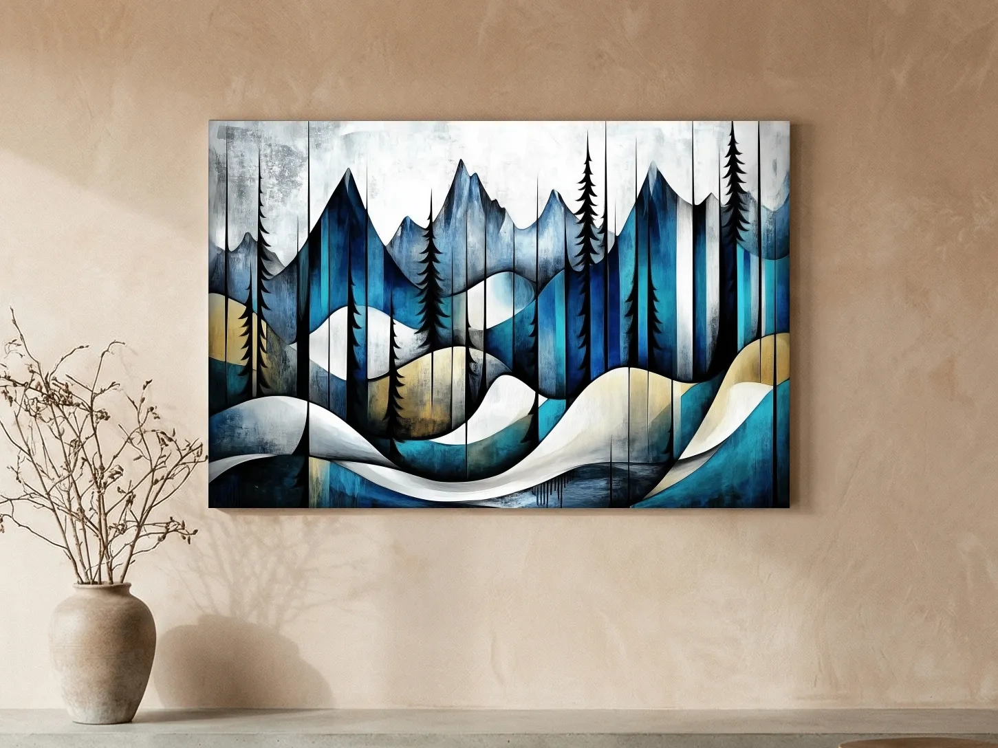 Abstract mountain painting, trees in the alpine, textured effect