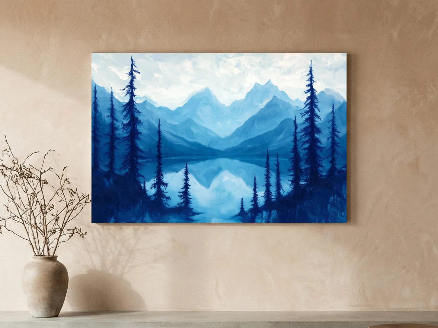 Serene Blue Mountain Lake Oil Painting - Alpine Forest Landscape Artwork