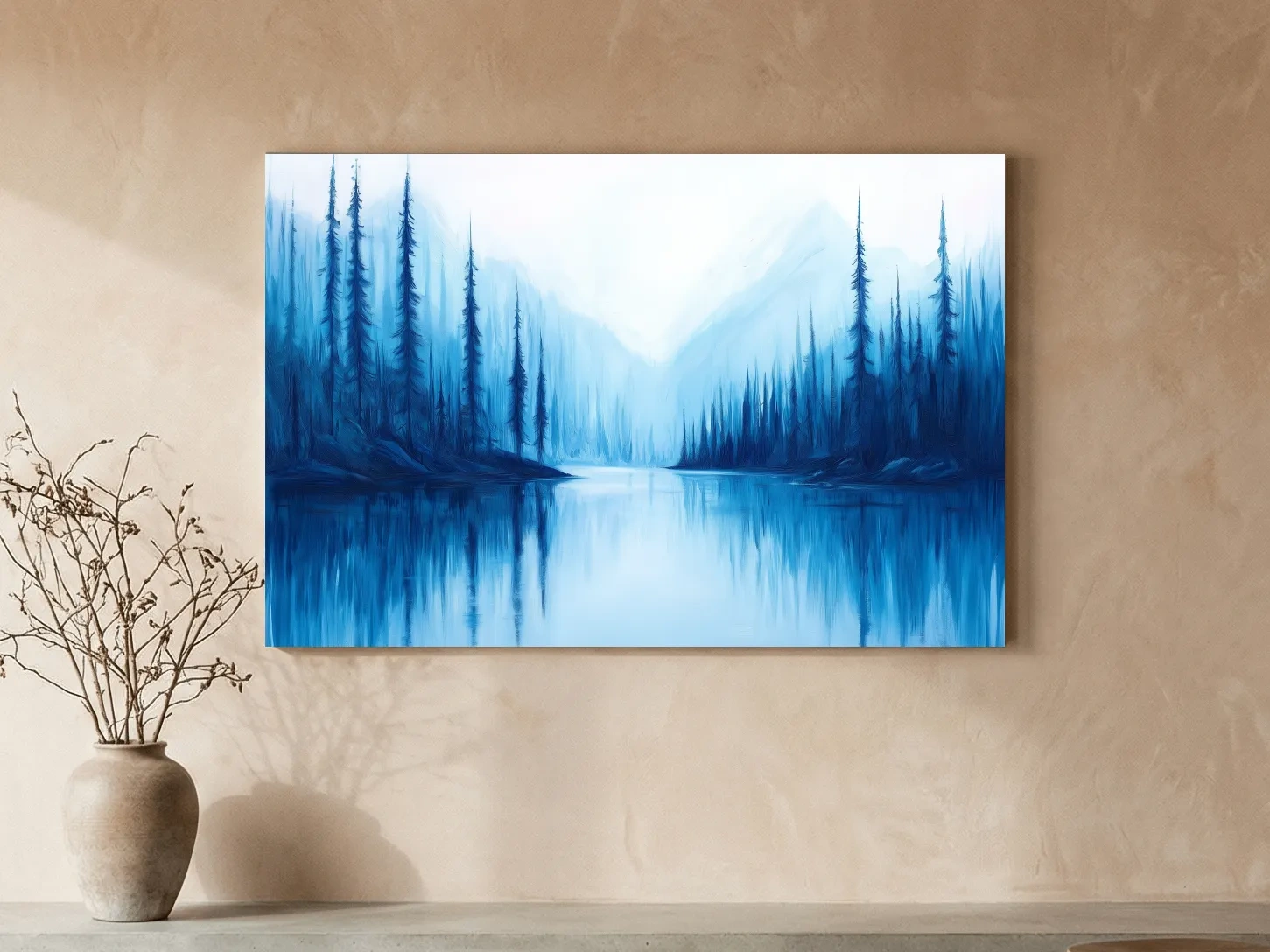 Misty Blue Alpine Lake & Pine Forest - Impressionist Landscape Painting Artwork