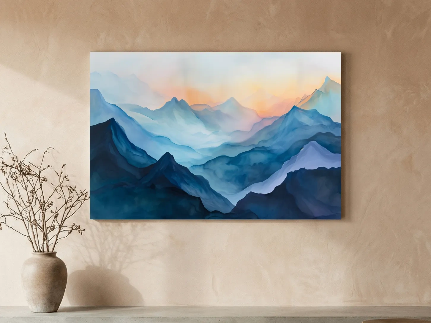 Misty Sunrise Watercolor Mountain Range - Serene Abstract Landscape Wall Art
