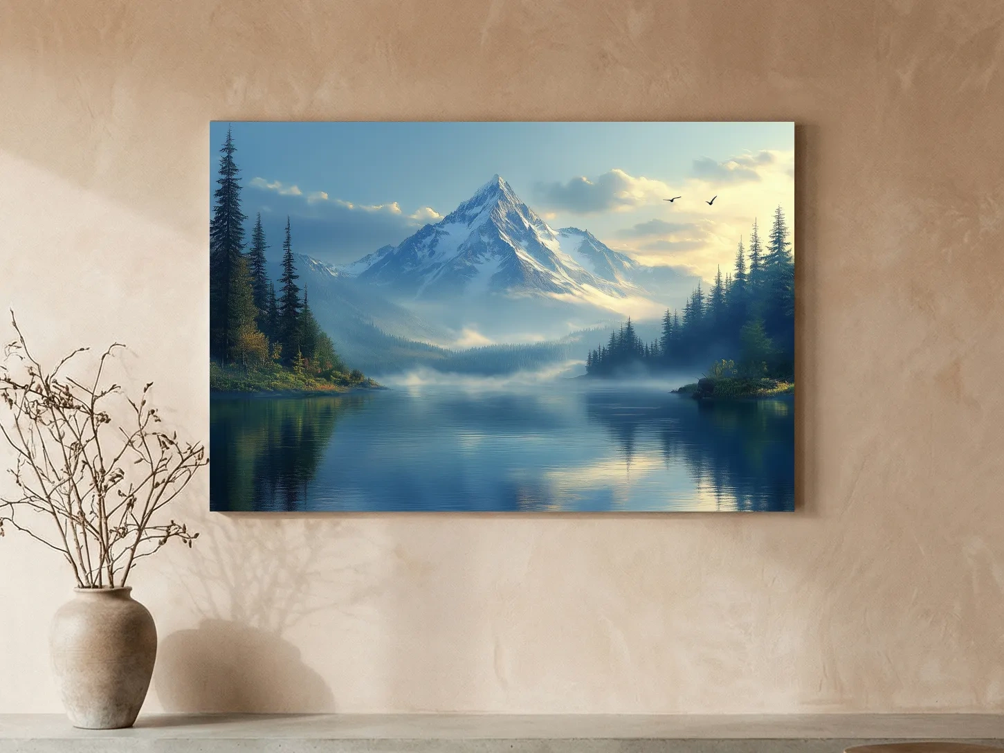 Misty Alpine Mountain Lake Sunset - Pine Forest Artwork