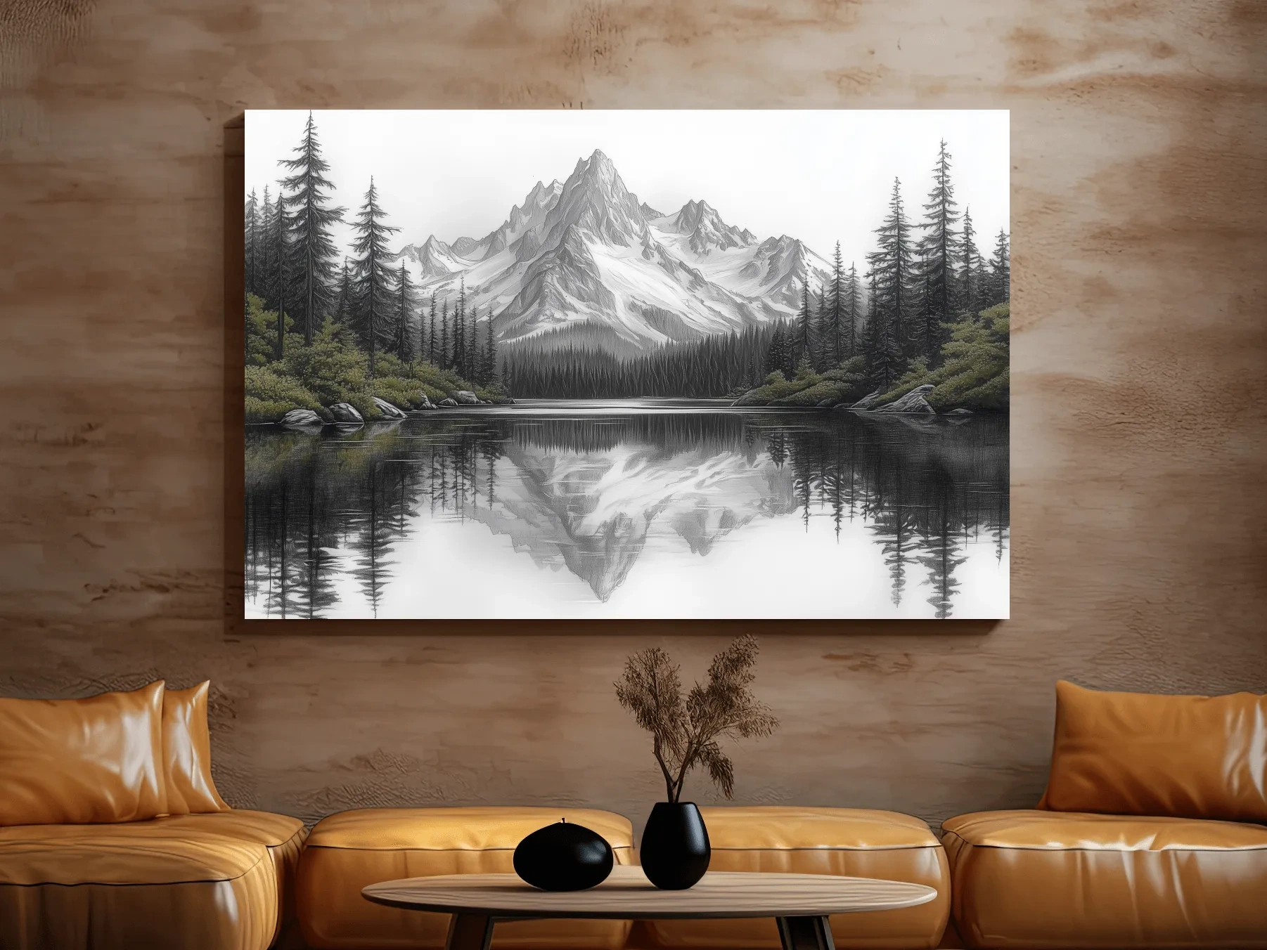 Monochrome Alpine Mountain Lake Reflection Sketch Artwork - Minimalist Forest Landscape Wall Art