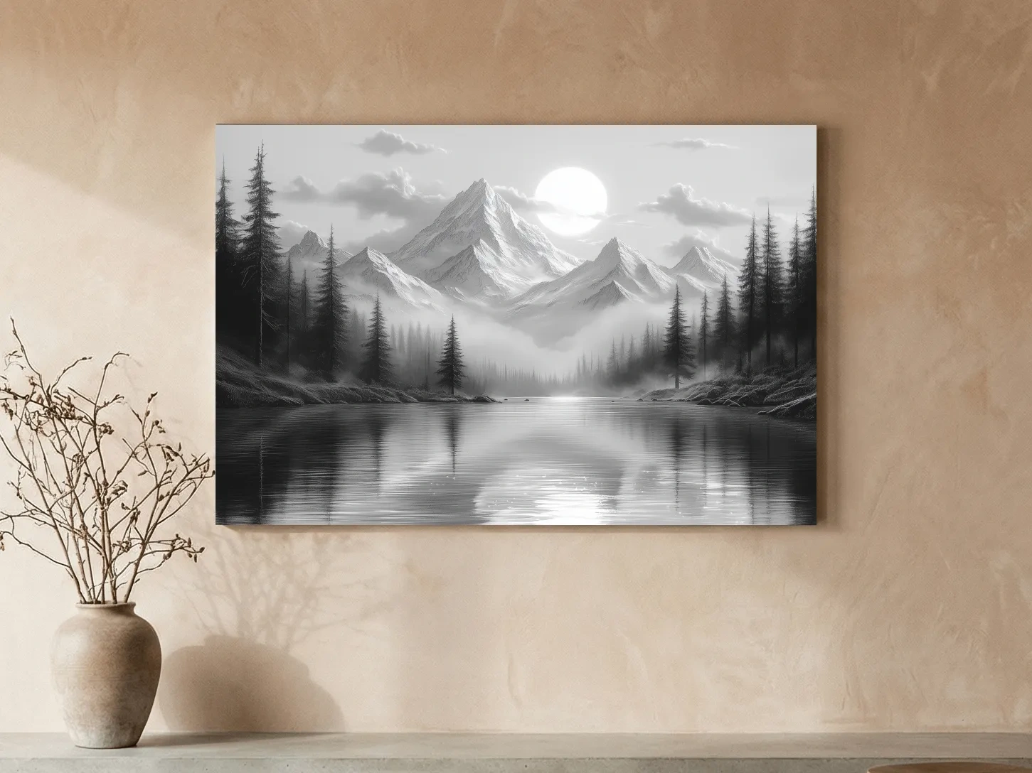 Monochrome Misty Alpine Lake Landscape - Mountain Forest Wall Art