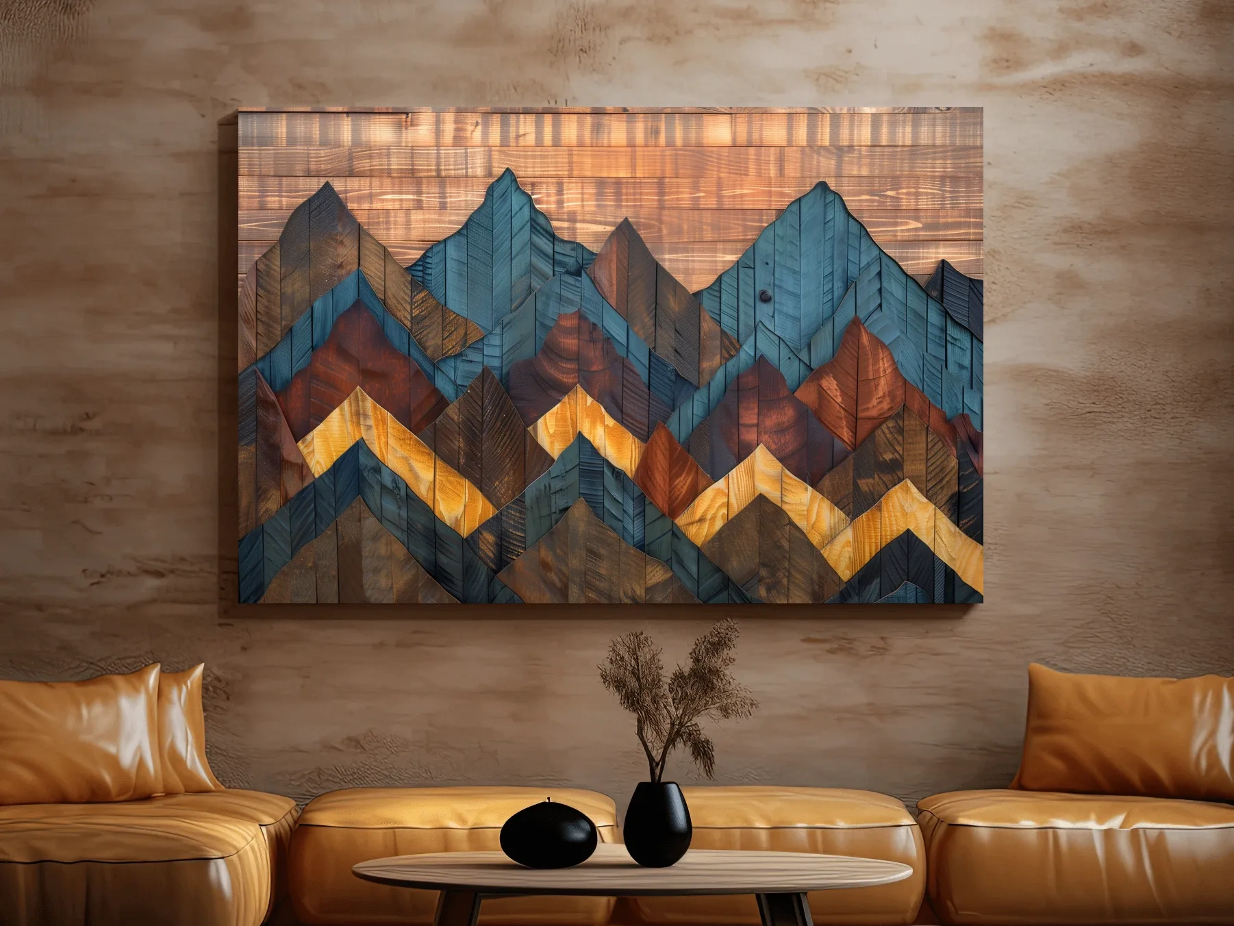 Geometric Wood Grain Mountain Range - Rustic Landscape Artwork