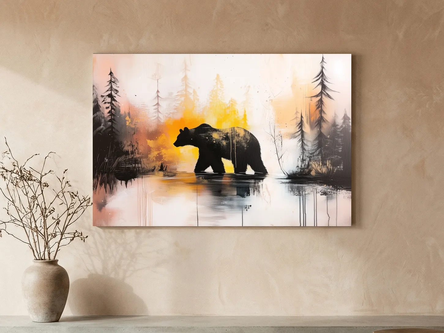 Grizzly Bear Forest Silhouette - Abstract Watercolor Wilderness Wall Art