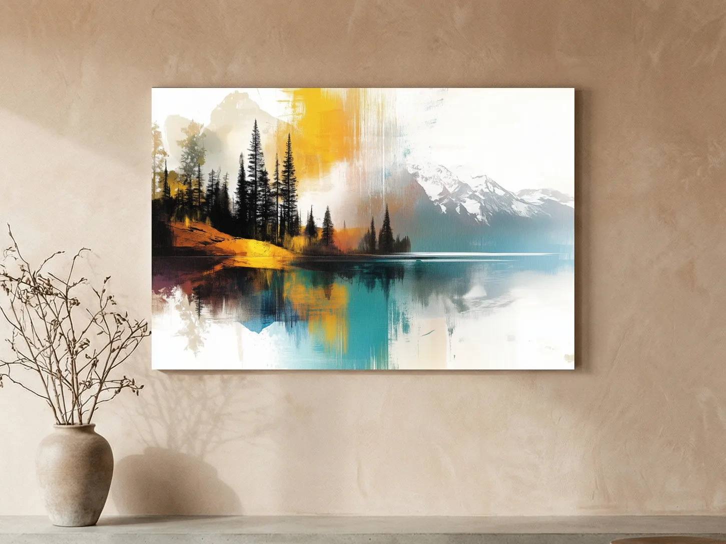 Colorful Abstract Mountain Lake Reflection Painting - Forest Landscape Wall Art